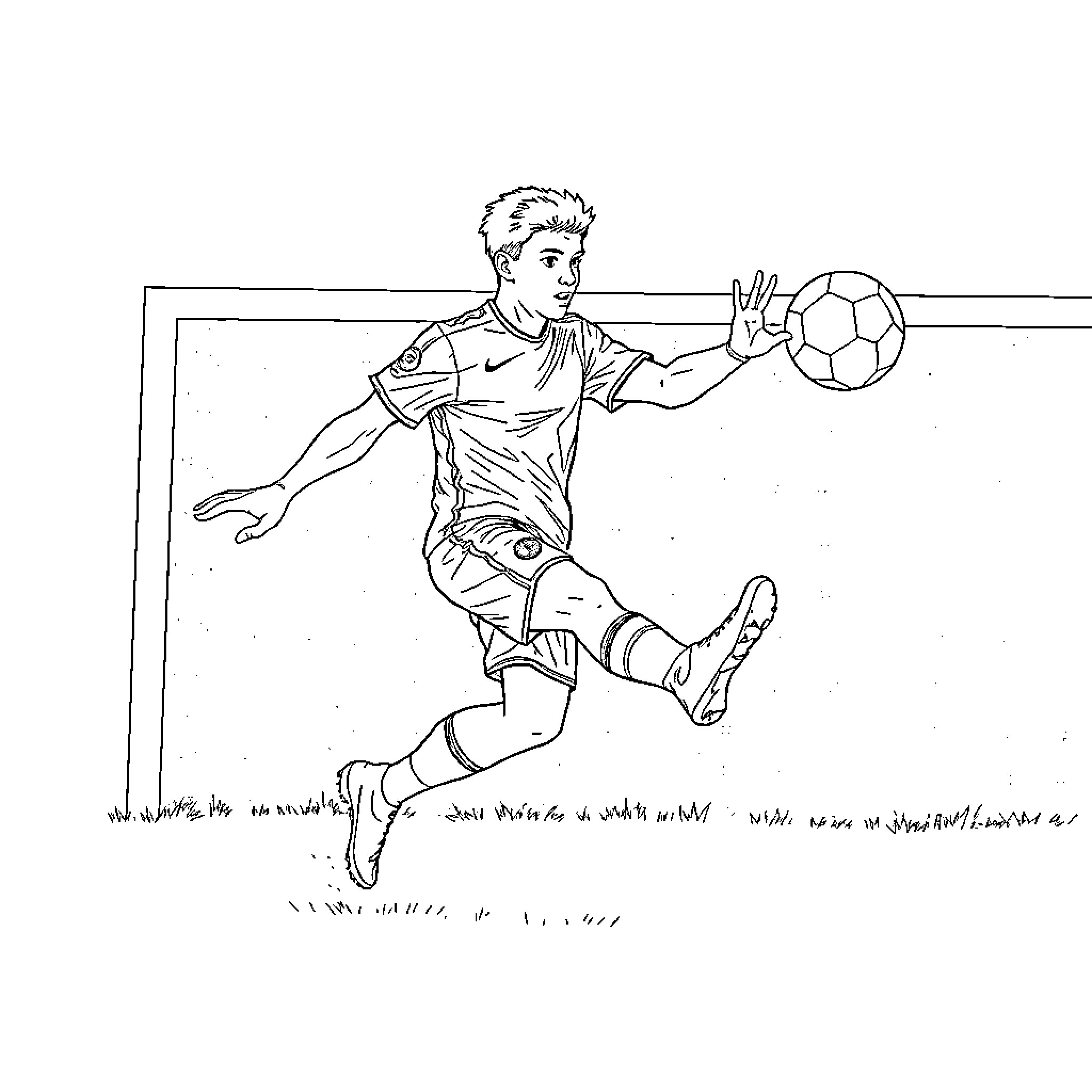Futbolista kicking the ball with action and intensity Coloring Page (free black-and-white line drawing printable PDF for all, from beginners to advanced learners, including children, teens, adults, and seniors)