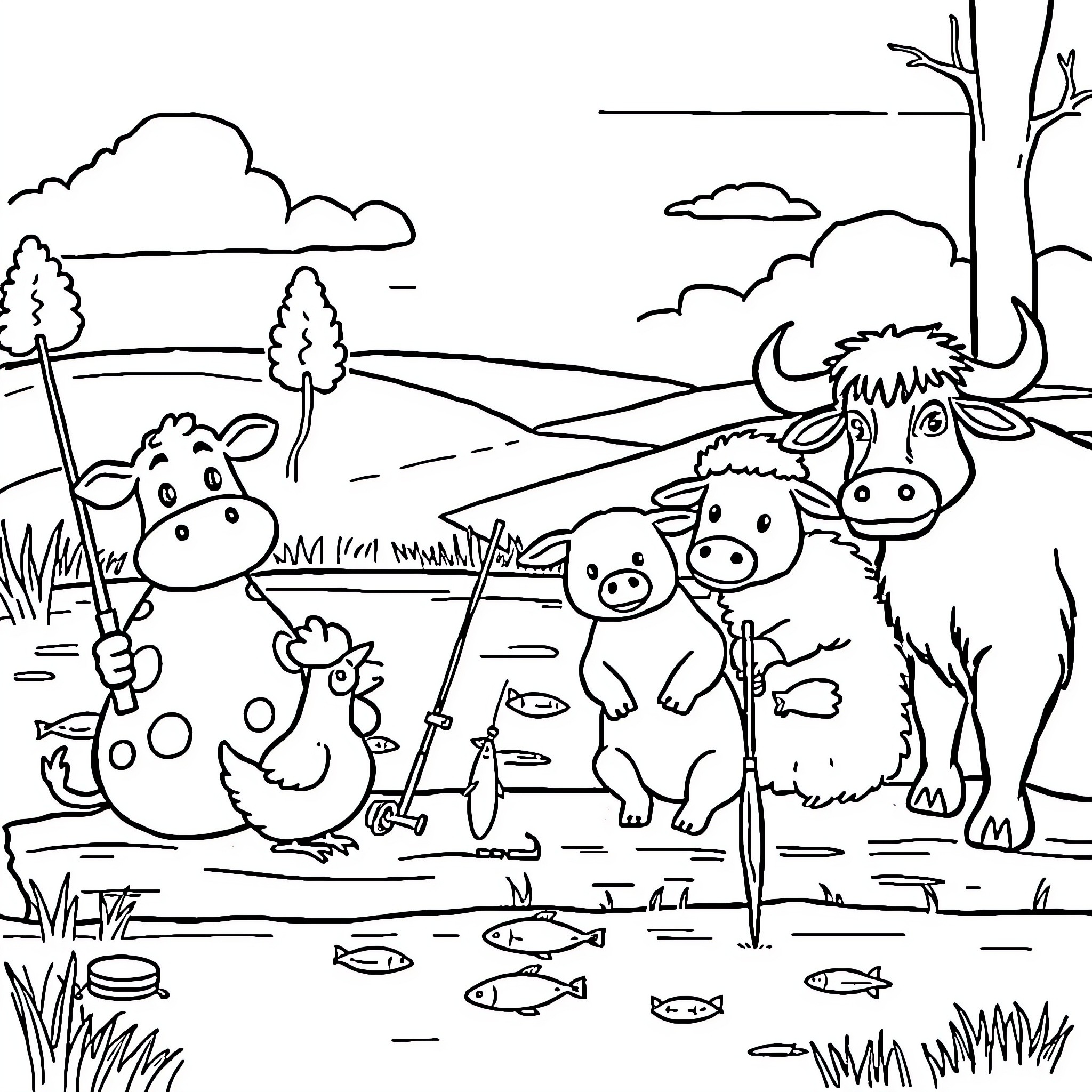 Farm Animals Enjoying Peaceful Countryside Scenery Coloring Page (free black-and-white line drawing printable PDF for all, from beginners to advanced learners, including children, teens, adults, and seniors)