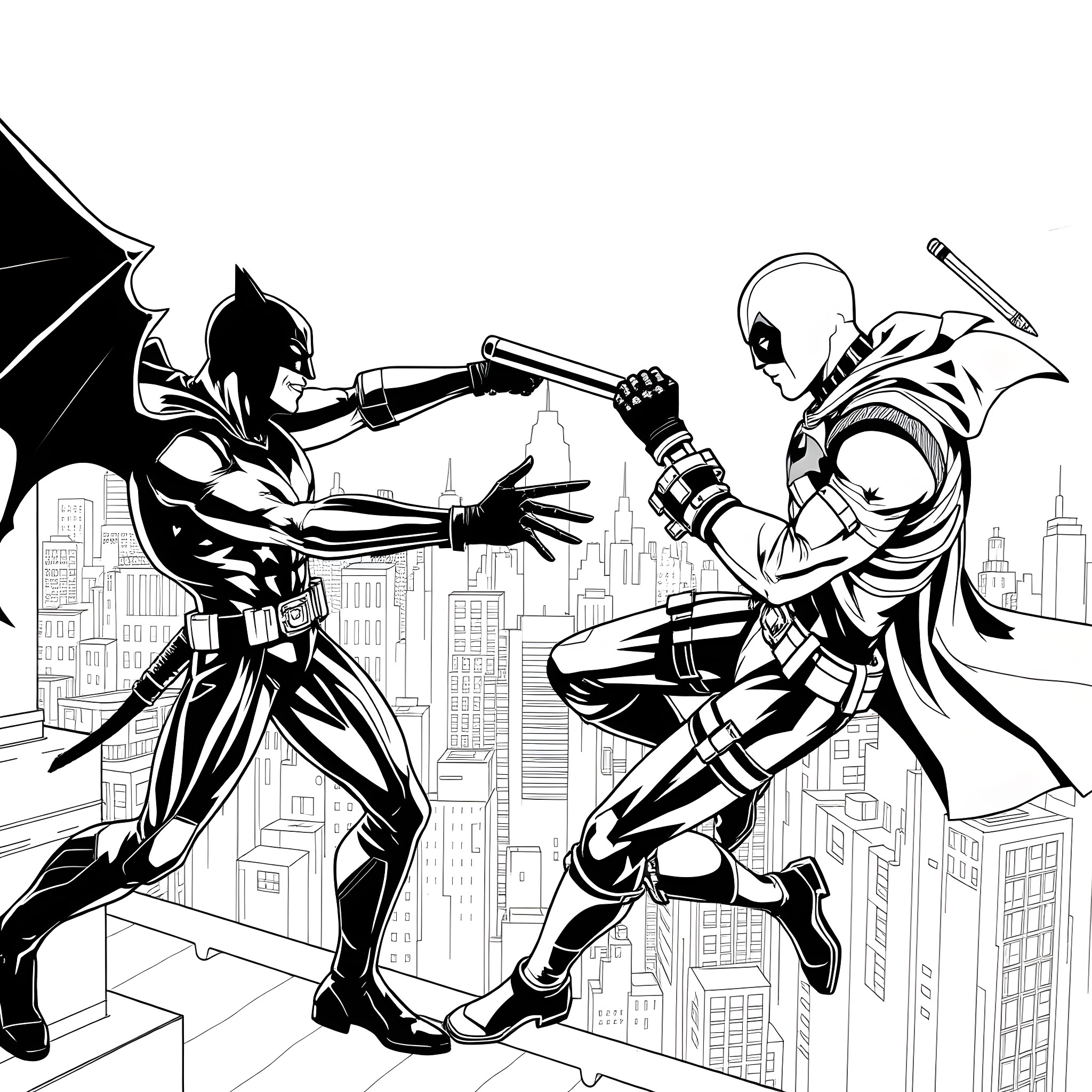 Nightwing battles against a skilled foe in the city skyline Coloring Page (free black-and-white line drawing printable PDF for all, from beginners to advanced learners, including children, teens, adults, and seniors)