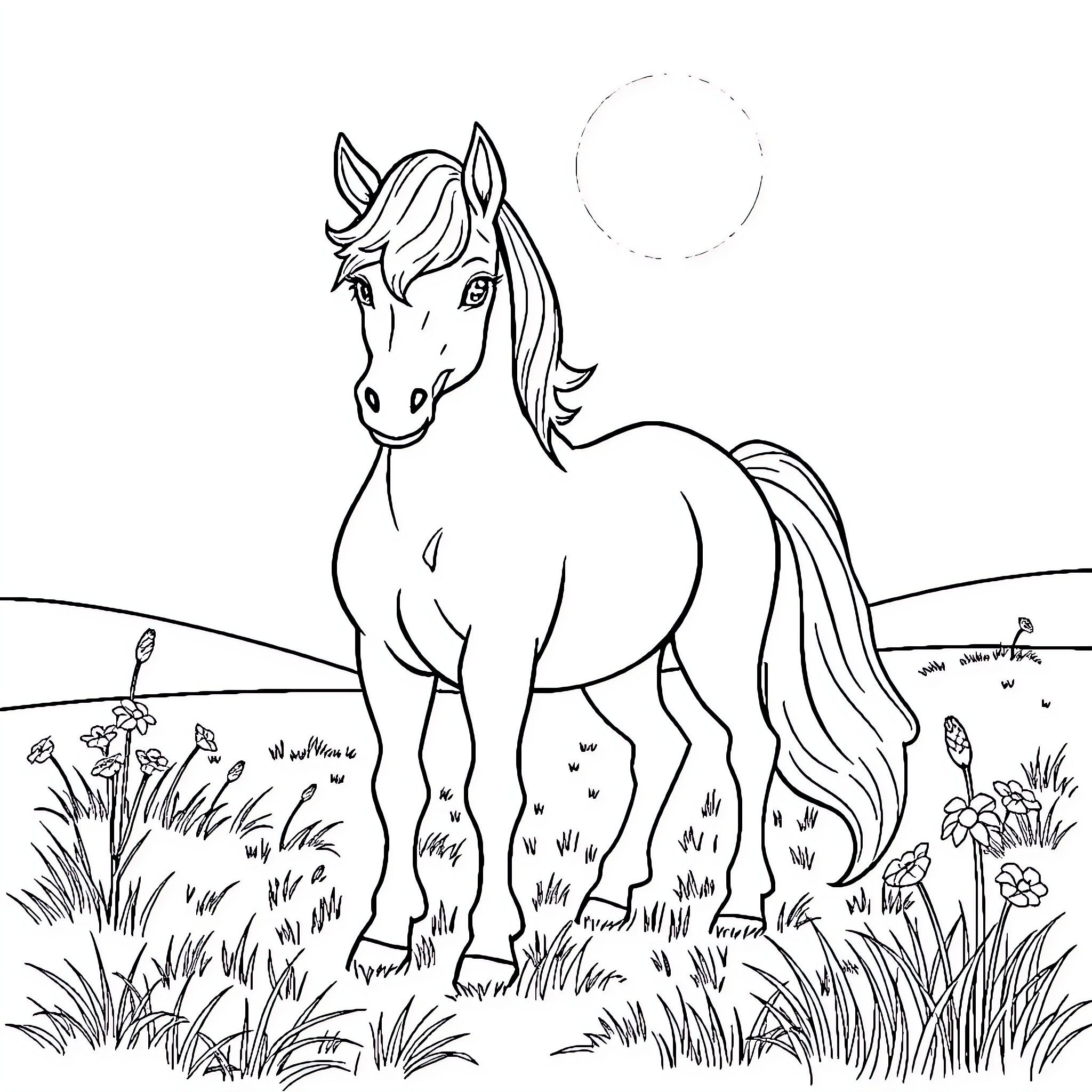 Pony standing gracefully in a lush meadow Coloring Page (free black-and-white line drawing printable PDF for all, from beginners to advanced learners, including children, teens, adults, and seniors)
