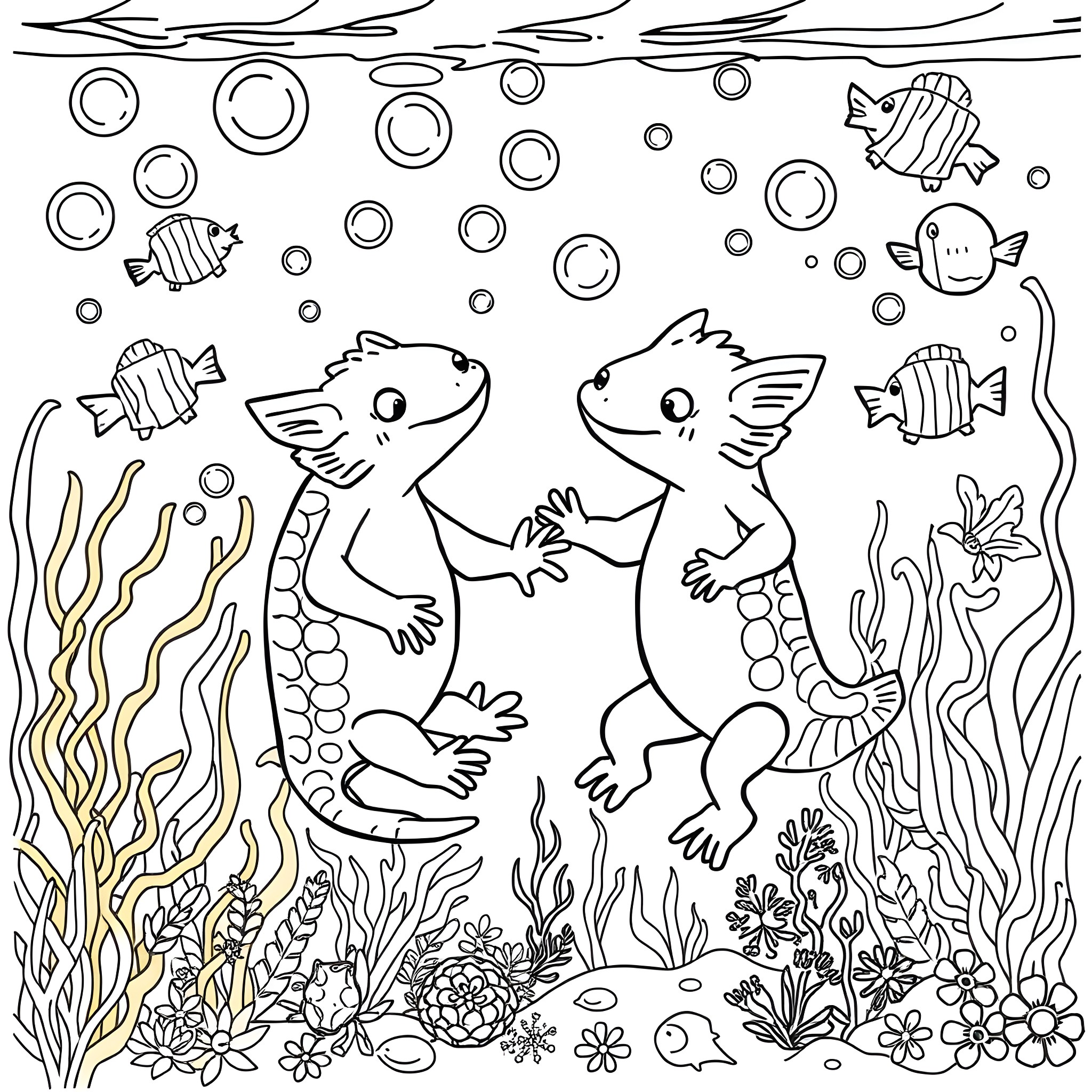 Axolotl friends exploring underwater world Coloring Page (free black-and-white line drawing printable PDF for all, from beginners to advanced learners, including children, teens, adults, and seniors)