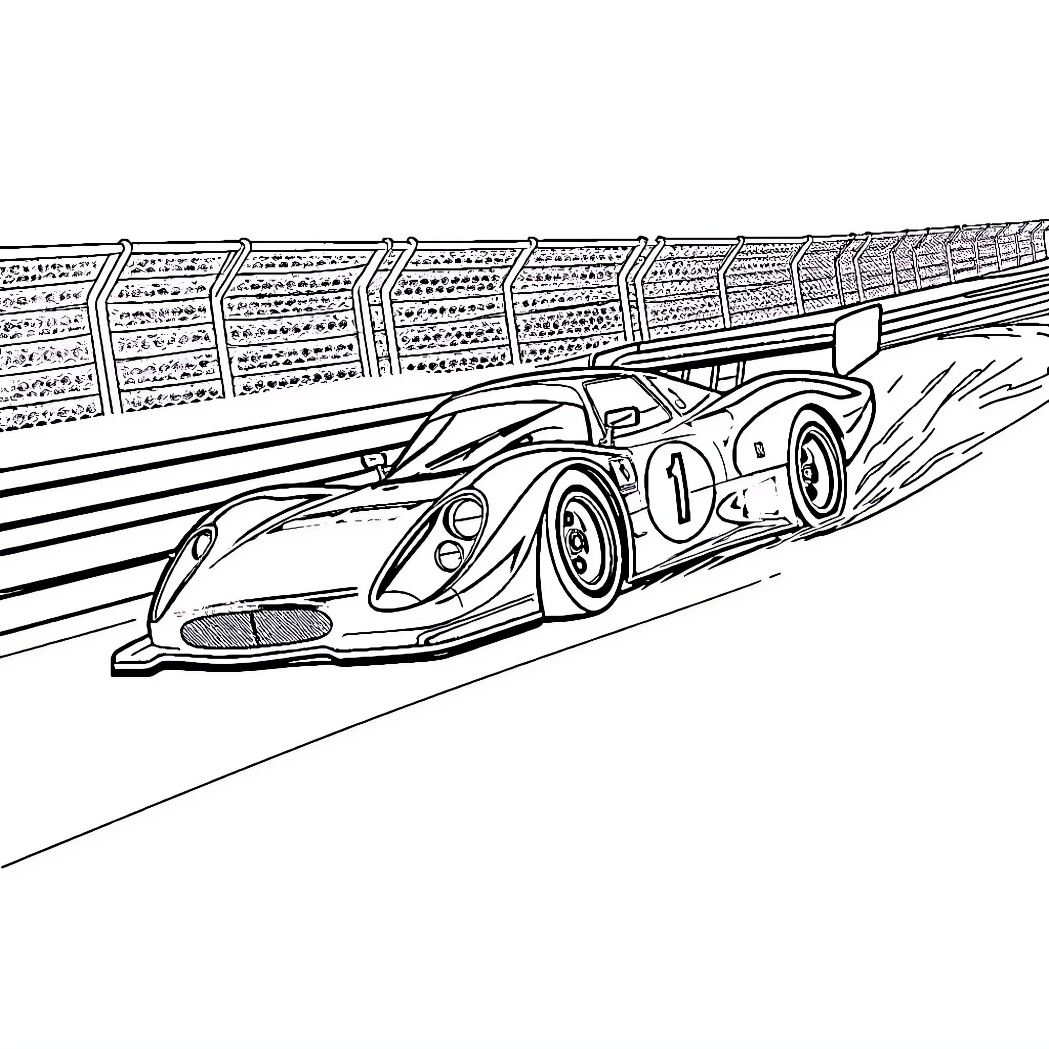 Race Car Speeding on Racetrack Coloring Page (free black-and-white line drawing printable PDF for all, from beginners to advanced learners, including children, teens, adults, and seniors)