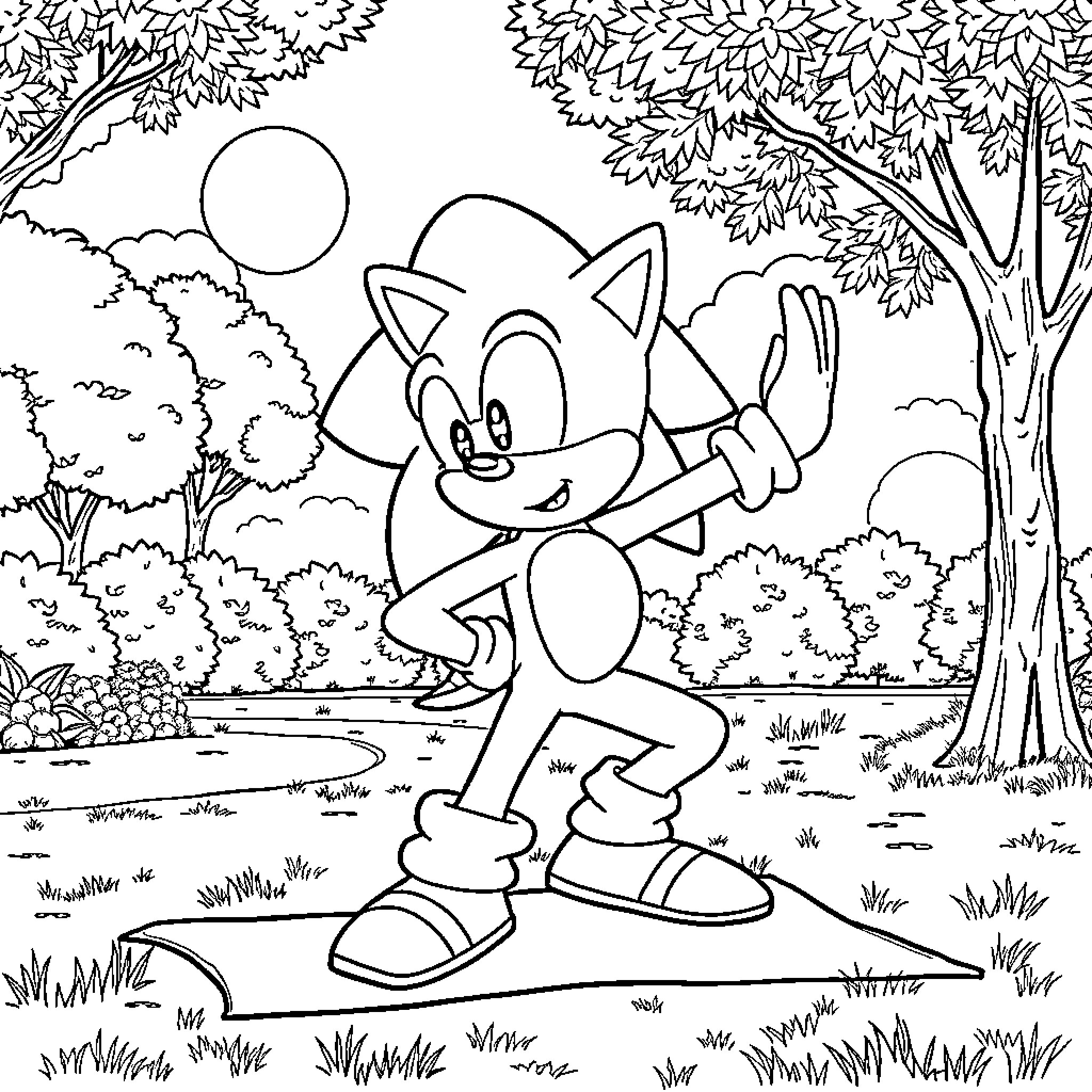 Sonic's Joyful Adventure in the Vibrant Outdoors Coloring Page (free black-and-white line drawing printable PDF for all, from beginners to advanced learners, including children, teens, adults, and seniors)