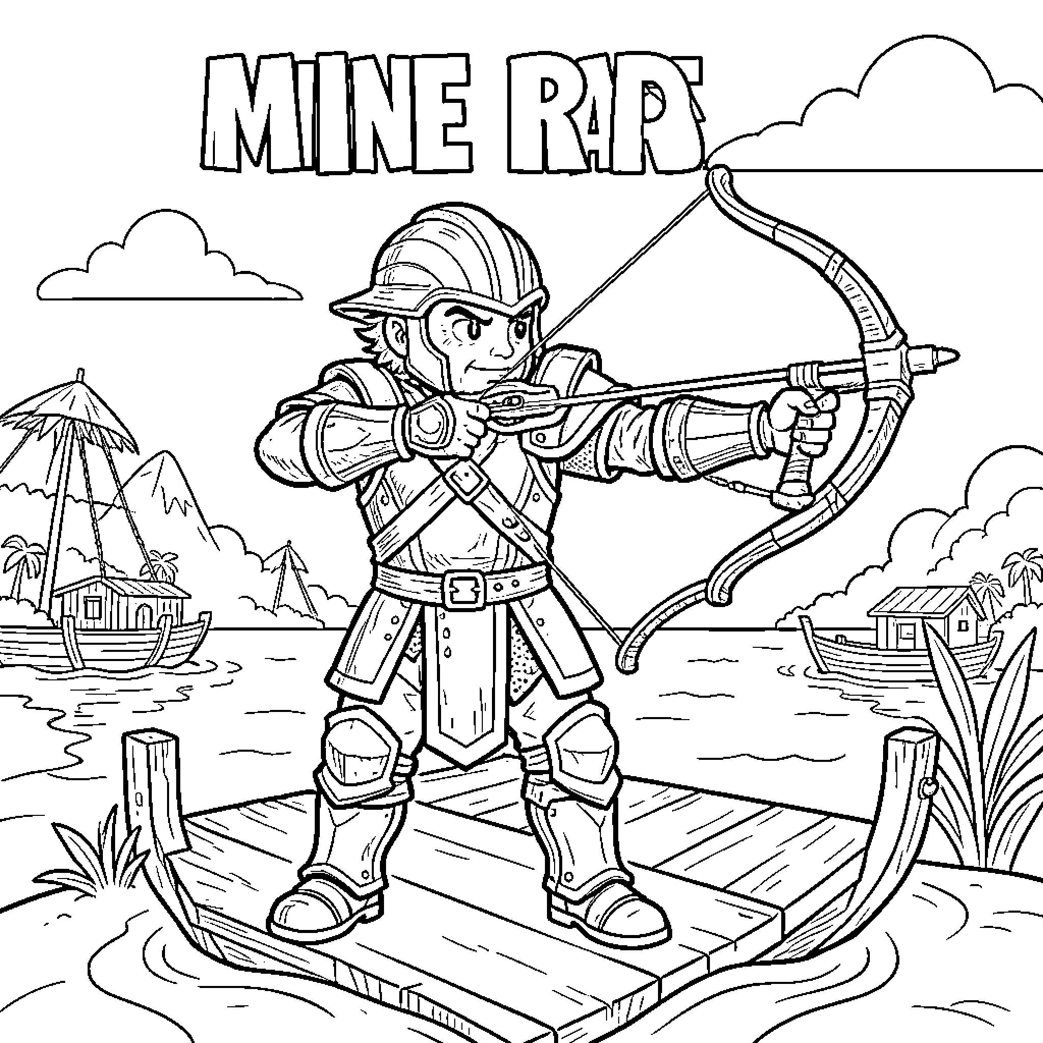 Steve aiming a large bow on a wooden raft Coloring Page (free black-and-white line drawing printable PDF for all, from beginners to advanced learners, including children, teens, adults, and seniors)