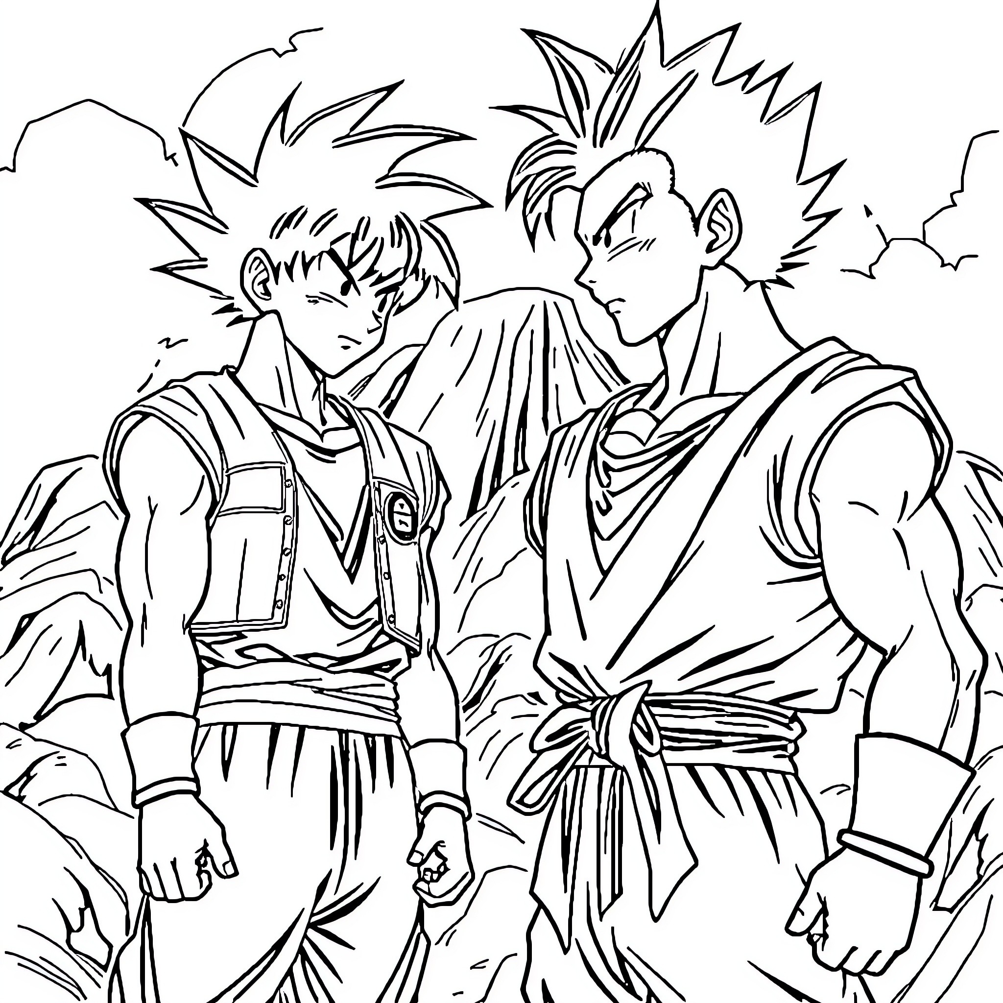 Eren Yeager's heroic stance with friends Coloring Page (free black-and-white line drawing printable PDF for all, from beginners to advanced learners, including children, teens, adults, and seniors)