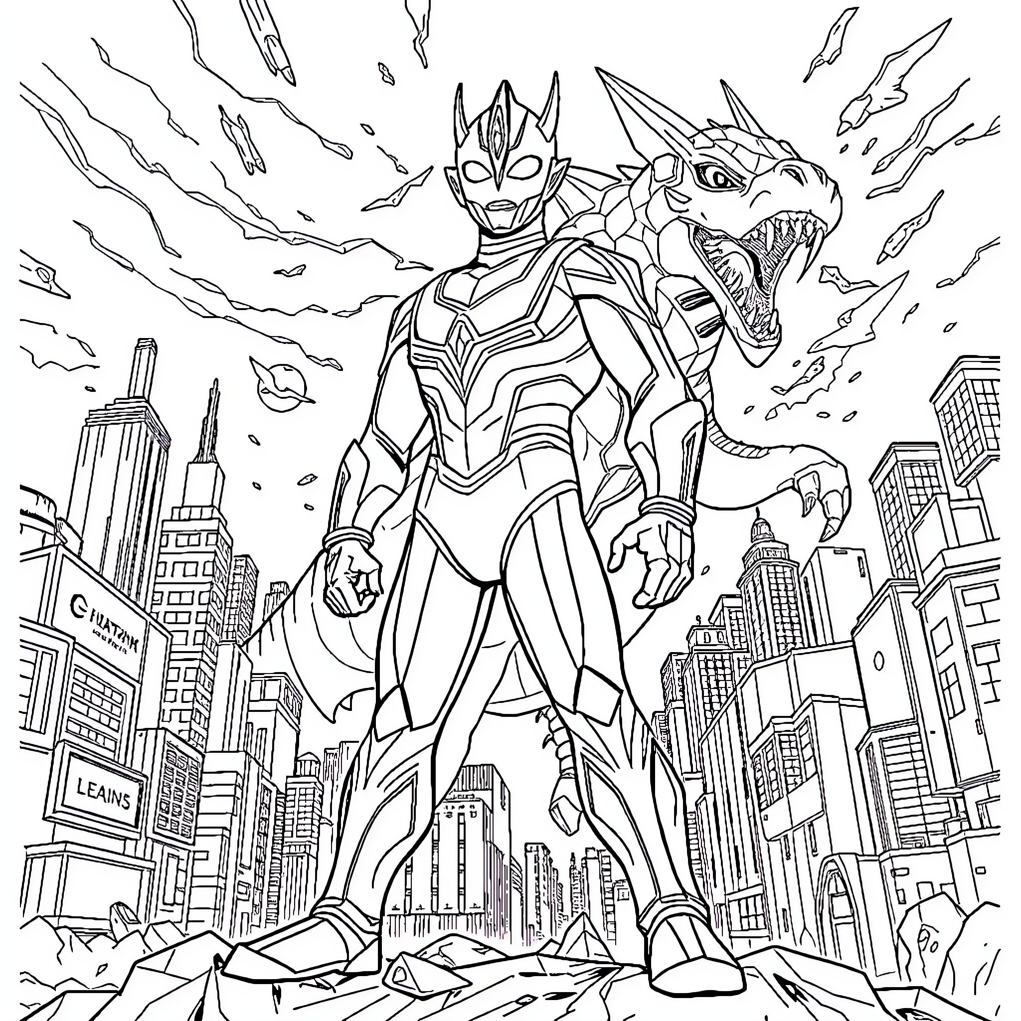 Ultraman battling a monstrous creature in the city Coloring Page (free black-and-white line drawing printable PDF for all, from beginners to advanced learners, including children, teens, adults, and seniors)