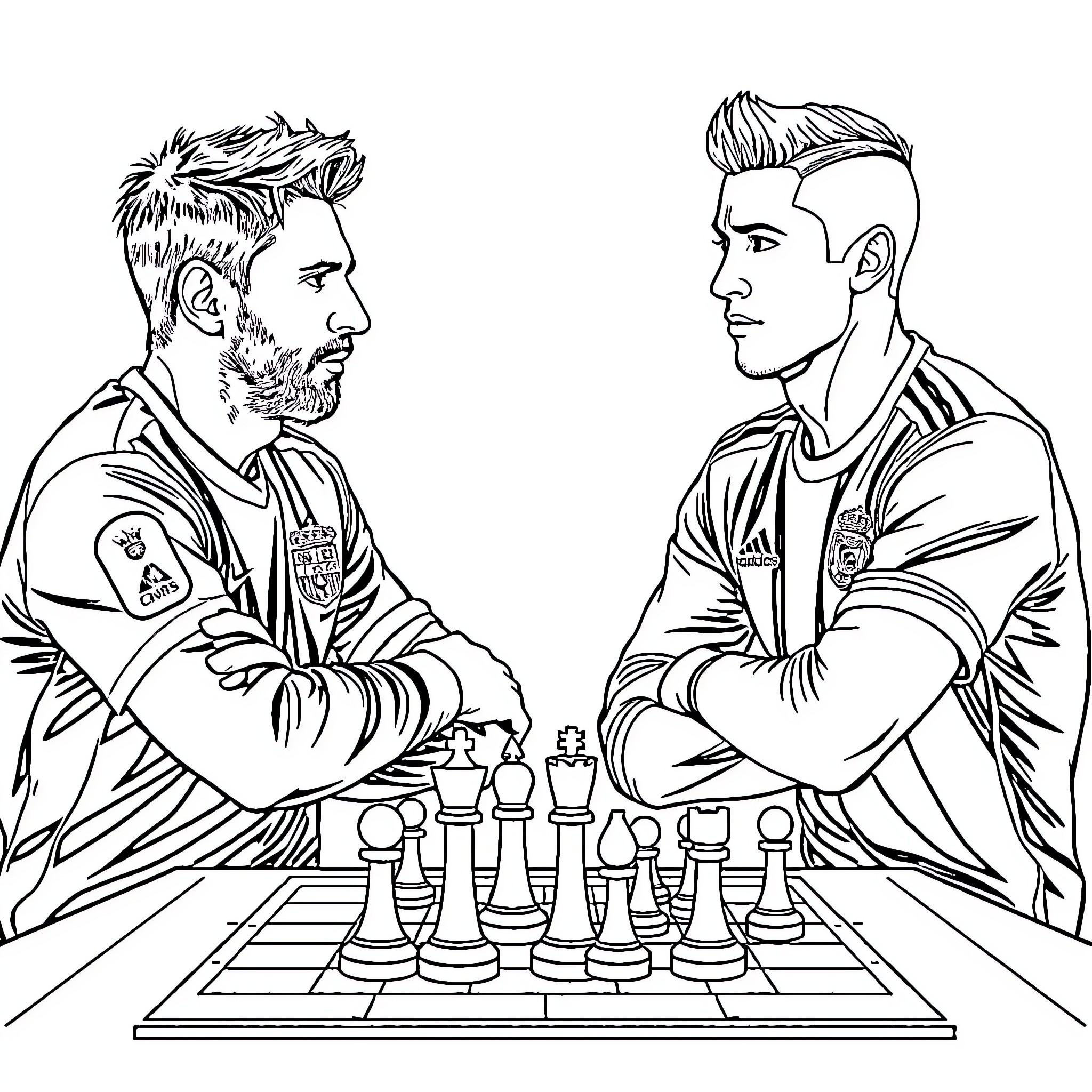 Soccer Players Engaging in Competitive Chess Match Coloring Page (free black-and-white line drawing printable PDF for all, from beginners to advanced learners, including children, teens, adults, and seniors)