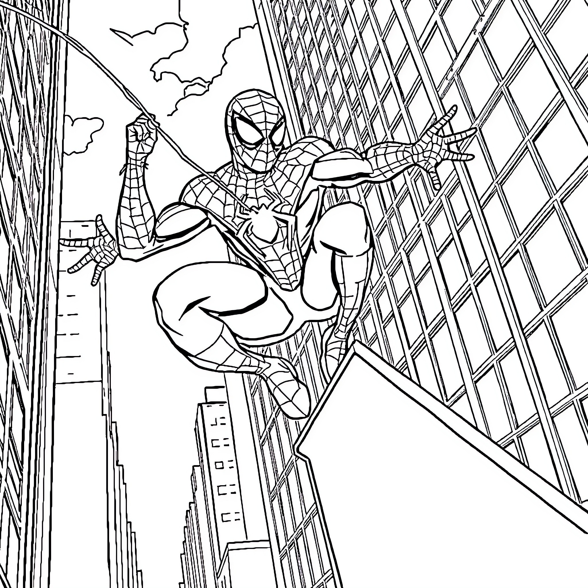 Spider-Man swinging through the city skyline Coloring Page (free black-and-white line drawing printable PDF for all, from beginners to advanced learners, including children, teens, adults, and seniors)