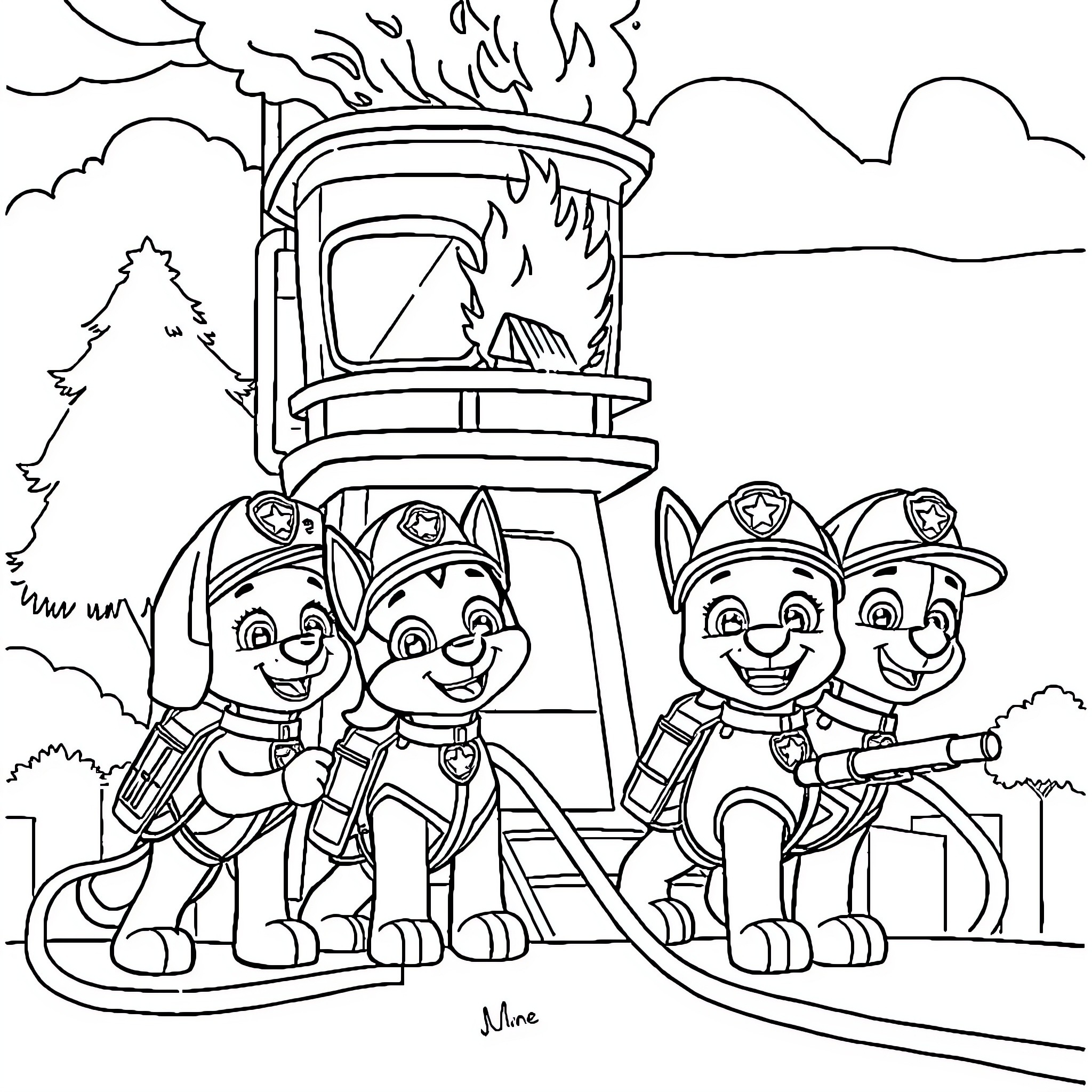 Paw Patrol firefighters responding to an emergency Coloring Page (free black-and-white line drawing printable PDF for all, from beginners to advanced learners, including children, teens, adults, and seniors)