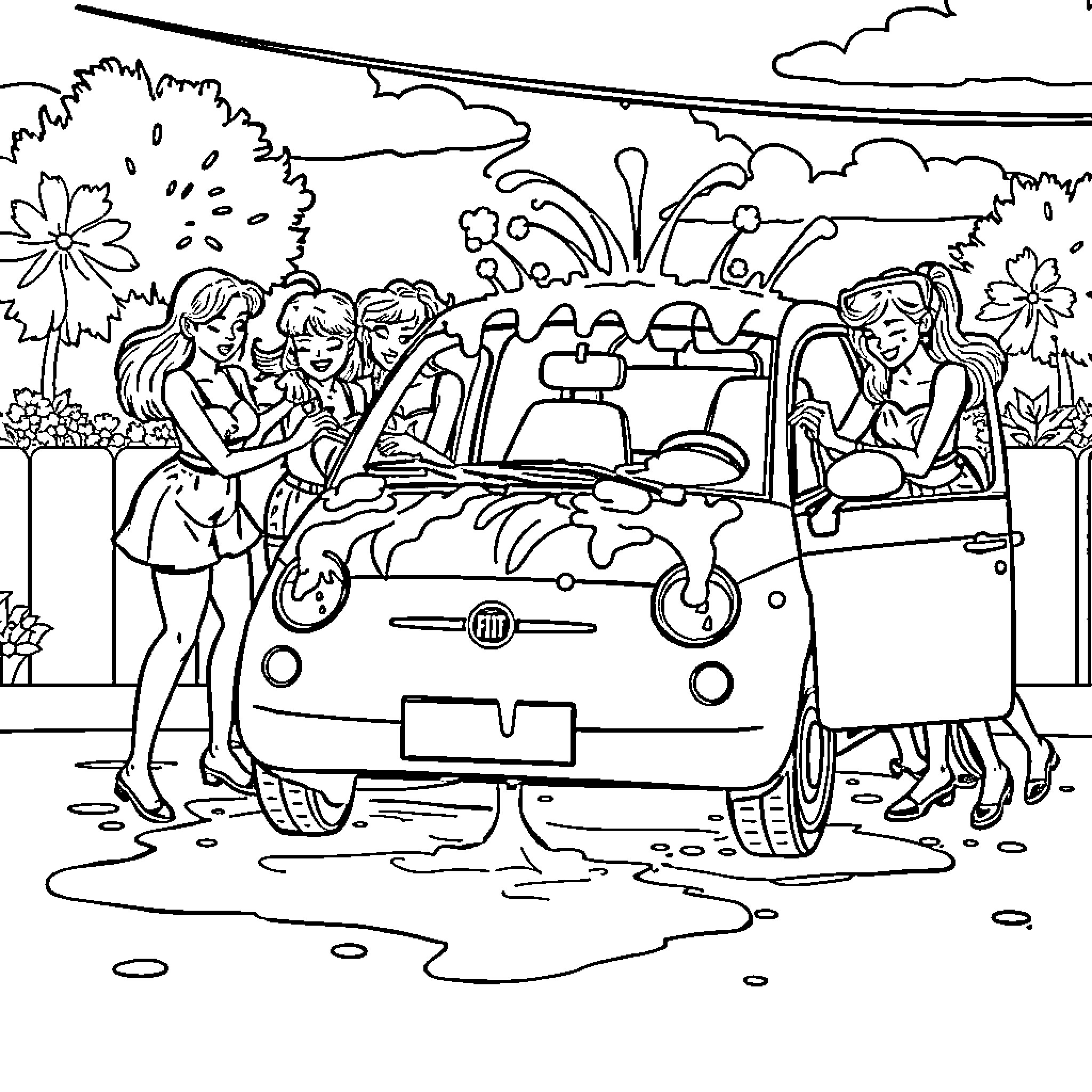 Pingirls enjoying a day out with their car Coloring Page (free black-and-white line drawing printable PDF for all, from beginners to advanced learners, including children, teens, adults, and seniors)
