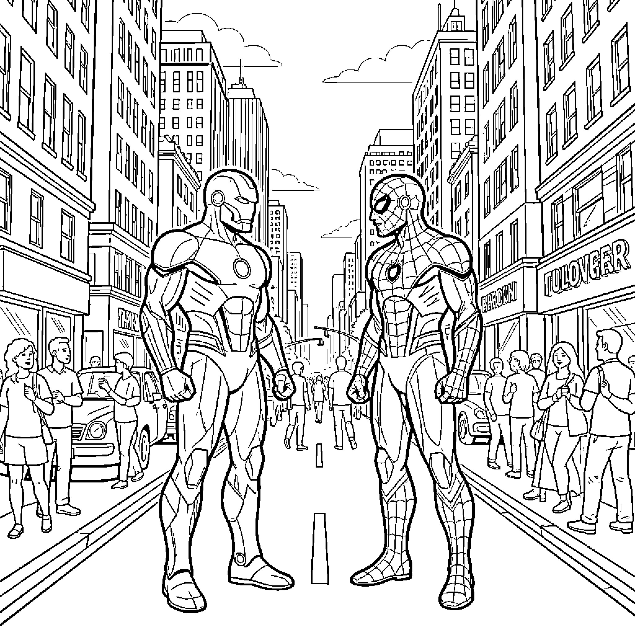 Ironman and Spider-Man standing facing each other in city Coloring Page (free black-and-white line drawing printable PDF for all, from beginners to advanced learners, including children, teens, adults, and seniors)