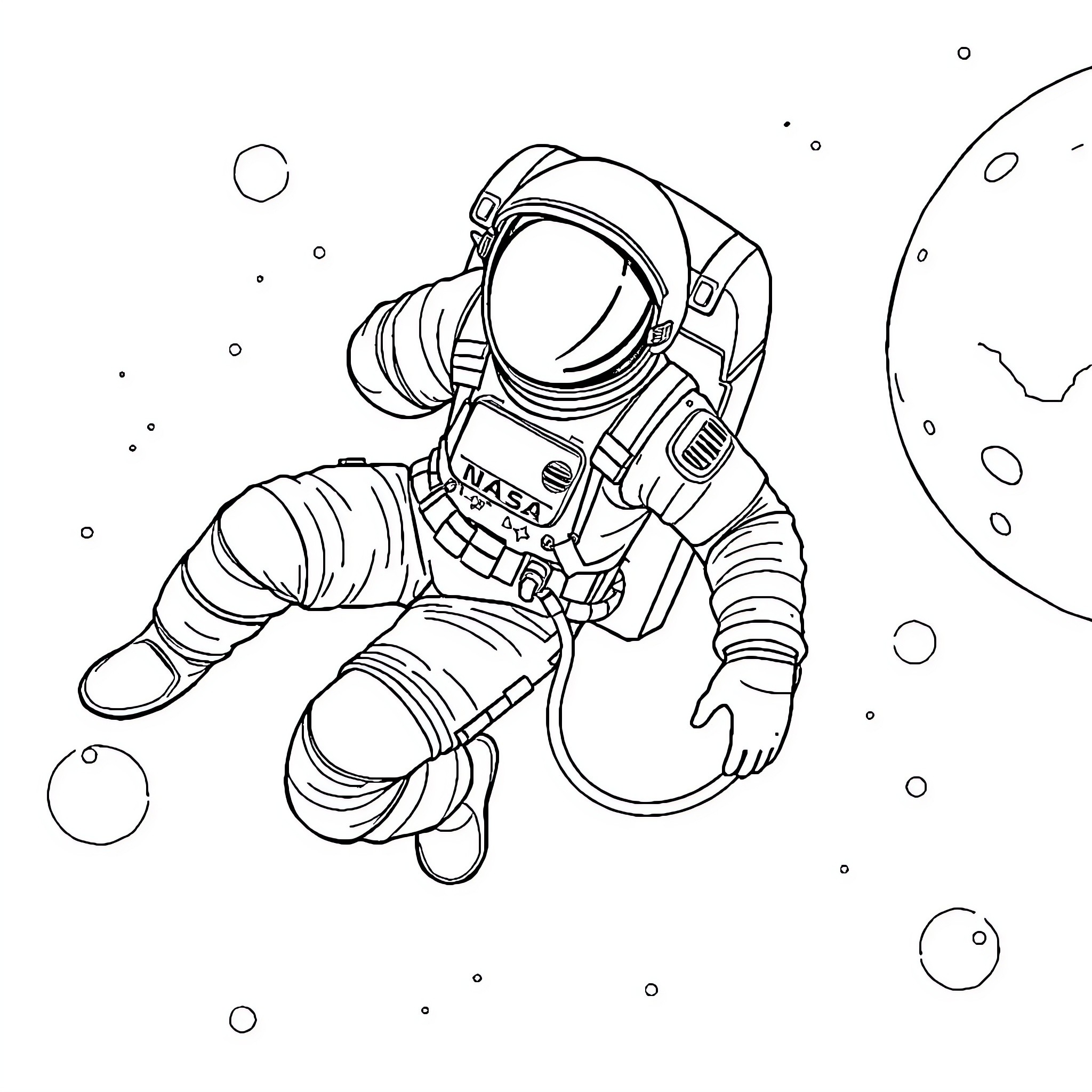 Astronaut exploring the wonders of space Coloring Page (free black-and-white line drawing printable PDF for all, from beginners to advanced learners, including children, teens, adults, and seniors)