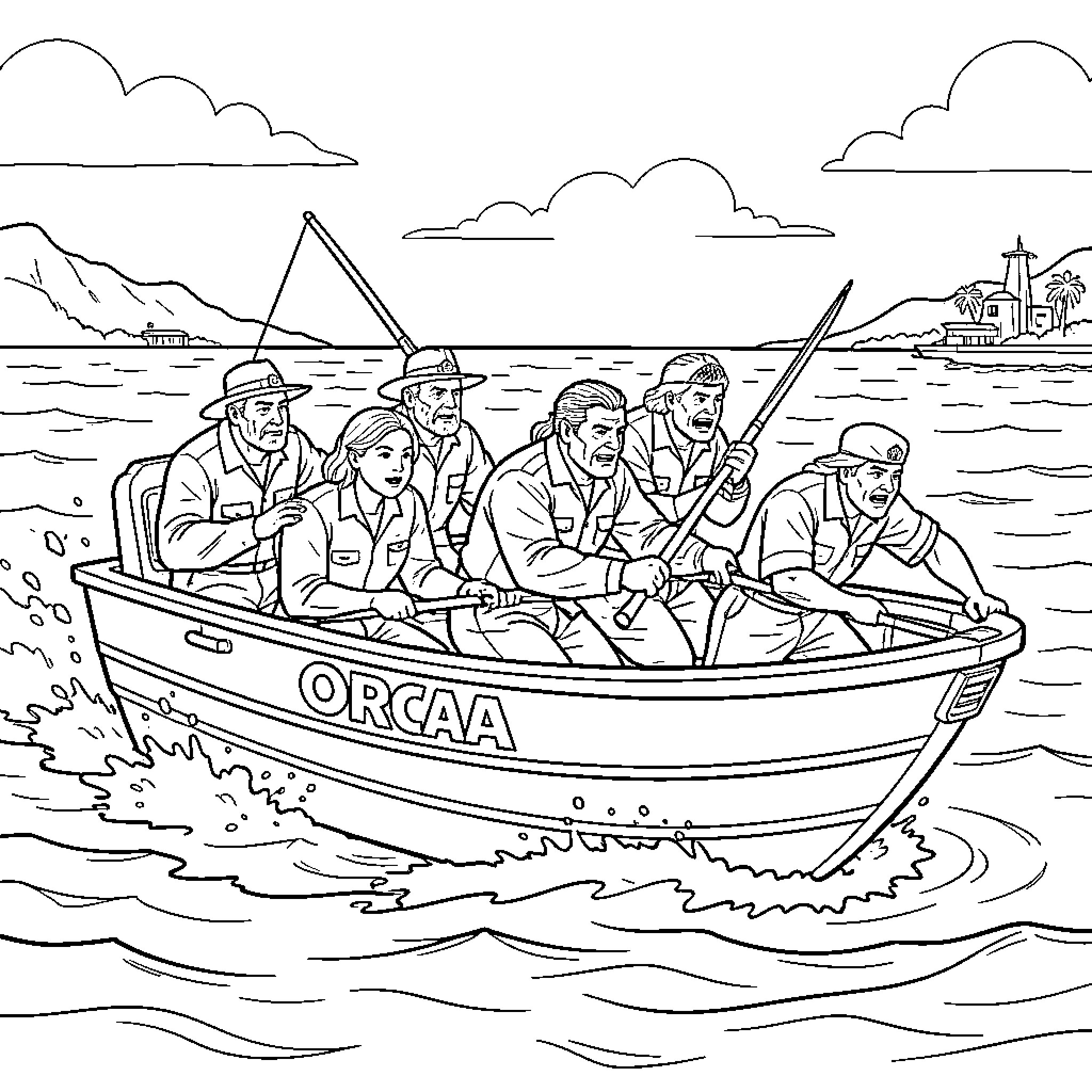 Orca boat crew rowing through the ocean waves Coloring Page (free black-and-white line drawing printable PDF for all, from beginners to advanced learners, including children, teens, adults, and seniors)
