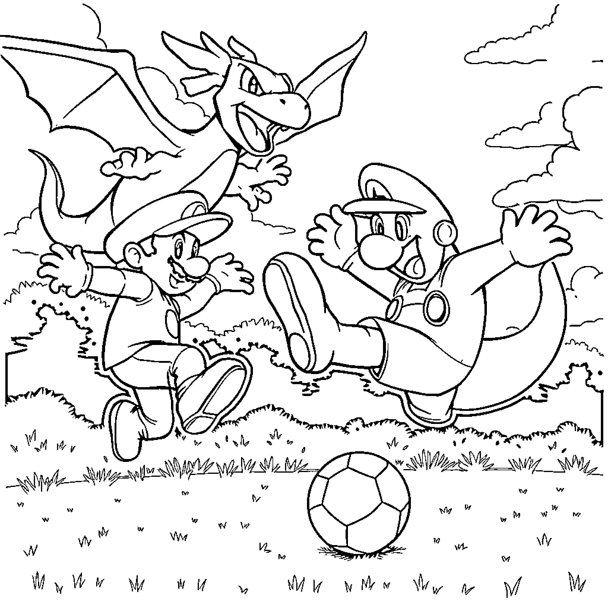 Mario and Luigi playing soccer with a dragon Coloring Page (free black-and-white line drawing printable PDF for all, from beginners to advanced learners, including children, teens, adults, and seniors)