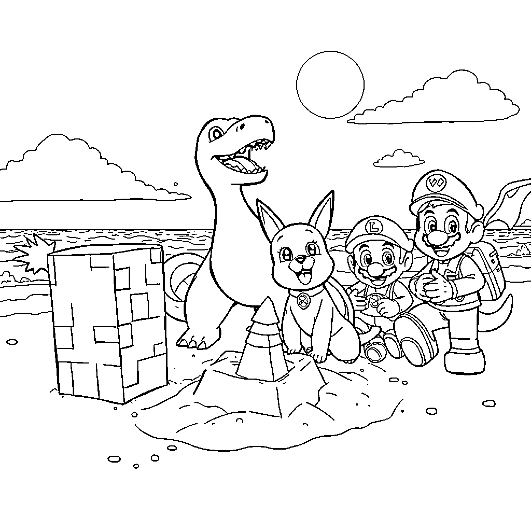 Creeper Characters on a Tropical Beach Adventure Coloring Page (free black-and-white line drawing printable PDF for all, from beginners to advanced learners, including children, teens, adults, and seniors)