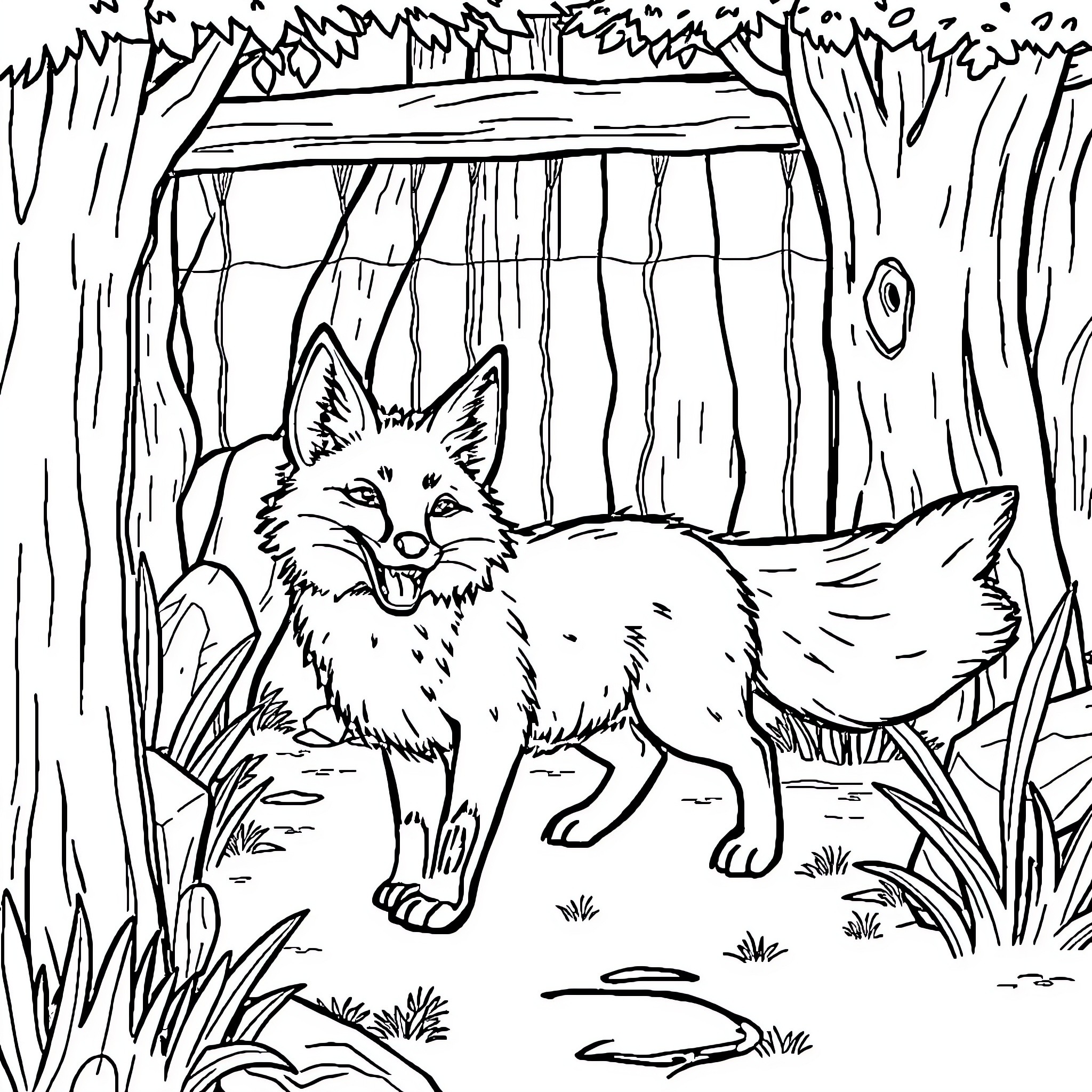 Fox exploring the forest with curiosity Coloring Page (free black-and-white line drawing printable PDF for all, from beginners to advanced learners, including children, teens, adults, and seniors)