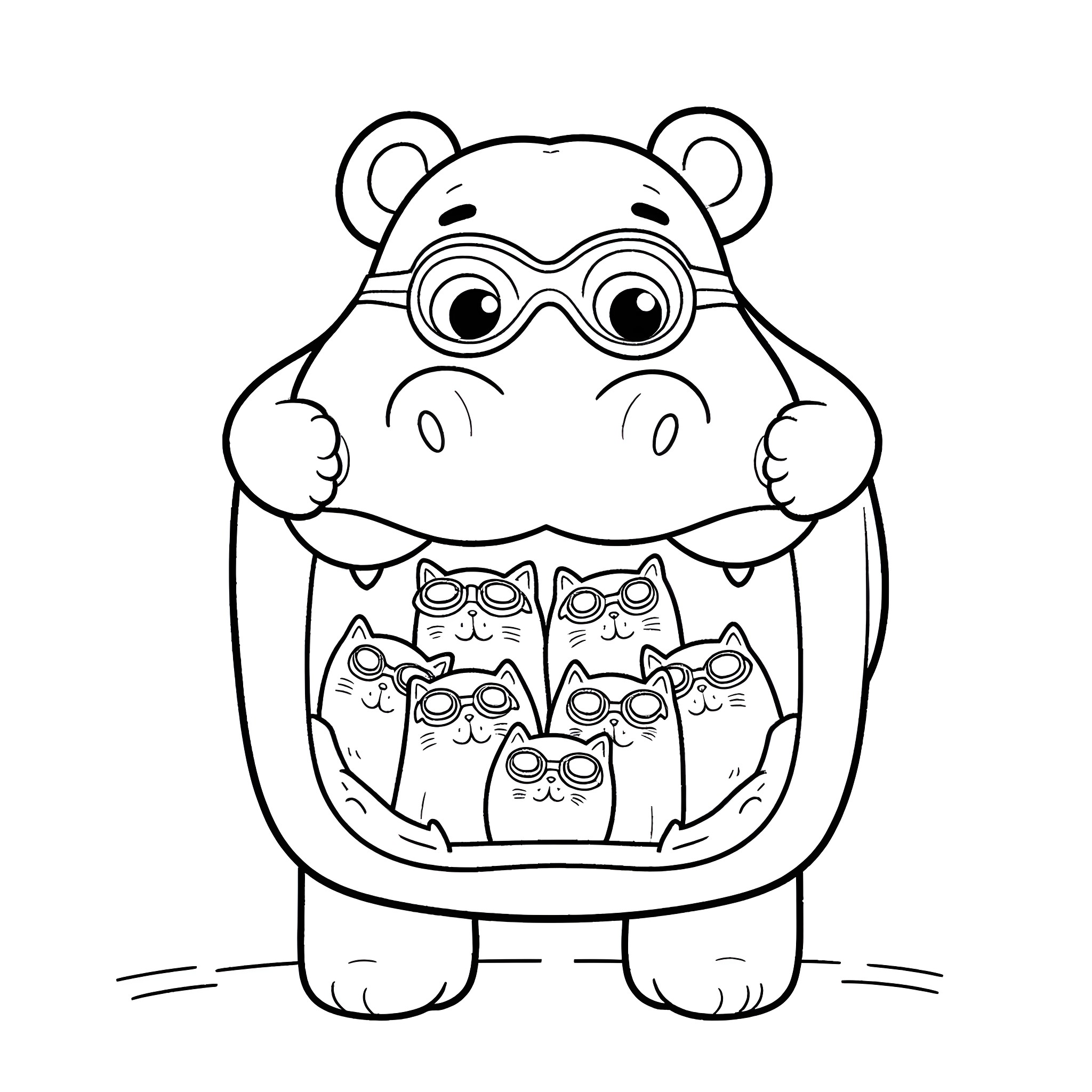 Hippo holding adorable kittens Coloring Page (free black-and-white line drawing printable PDF for all, from beginners to advanced learners, including children, teens, adults, and seniors)