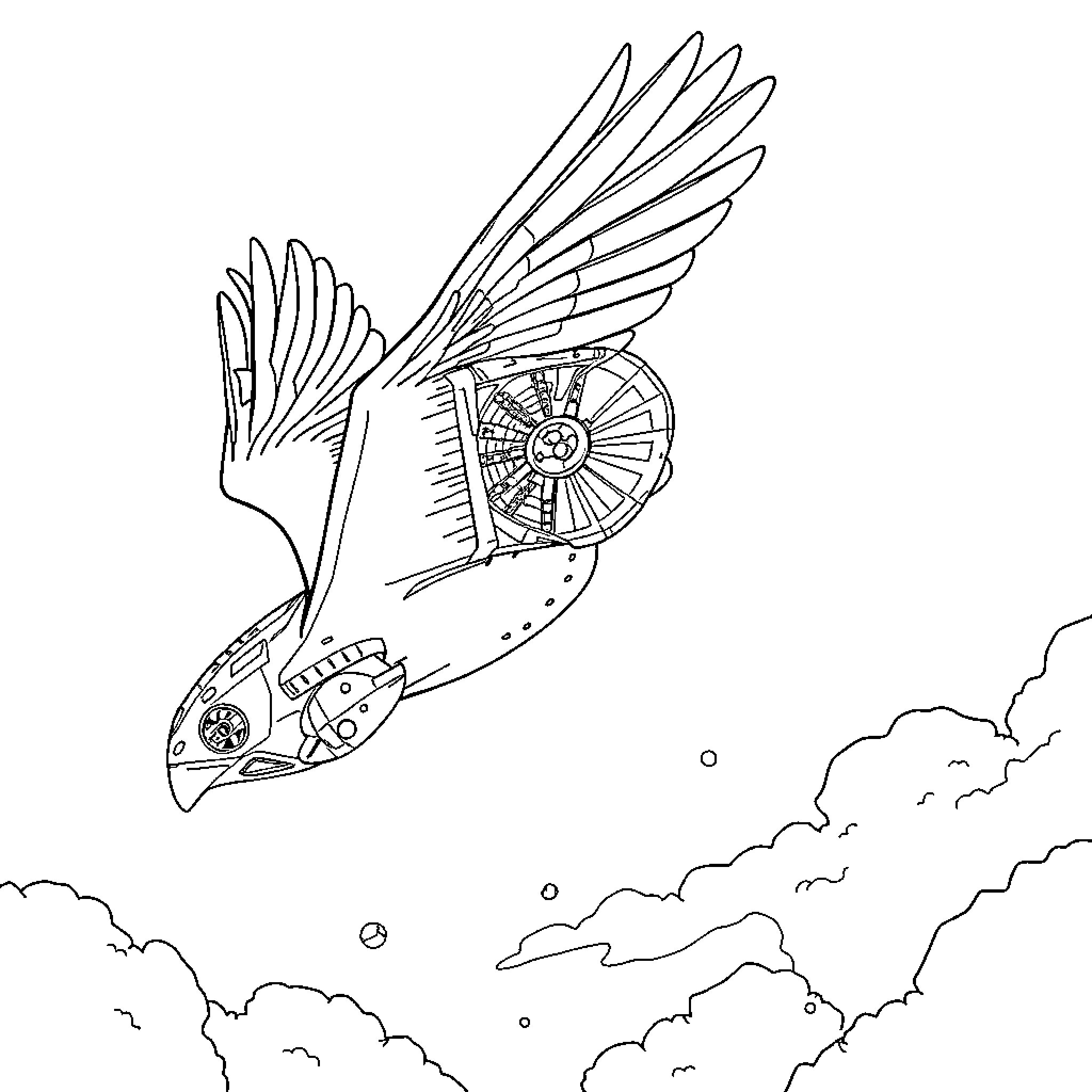 Falcon soaring in the cloudy skies Coloring Page (free black-and-white line drawing printable PDF for all, from beginners to advanced learners, including children, teens, adults, and seniors)