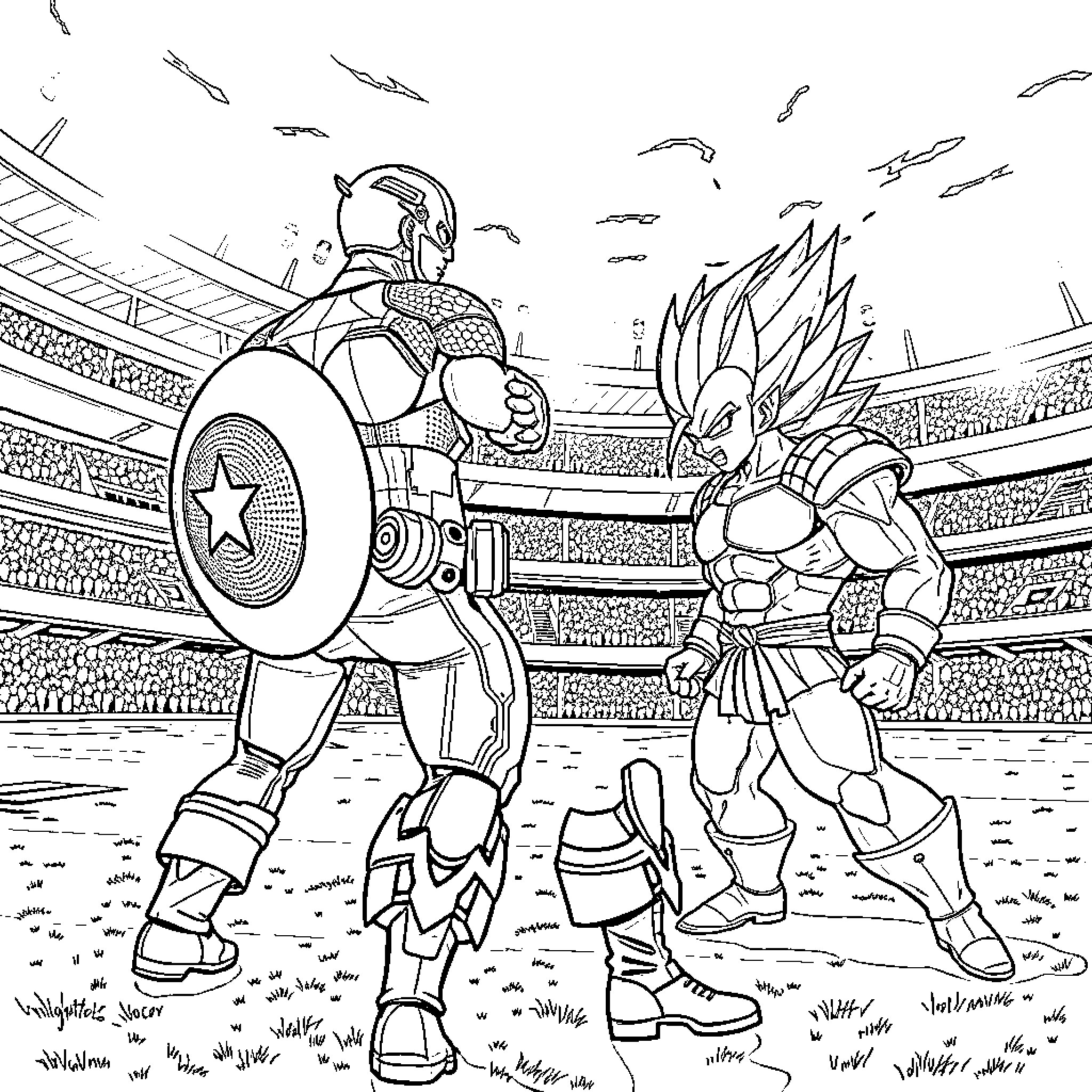 Captain America and Superhero Confrontation in Stadium Coloring Page (free black-and-white line drawing printable PDF for all, from beginners to advanced learners, including children, teens, adults, and seniors)