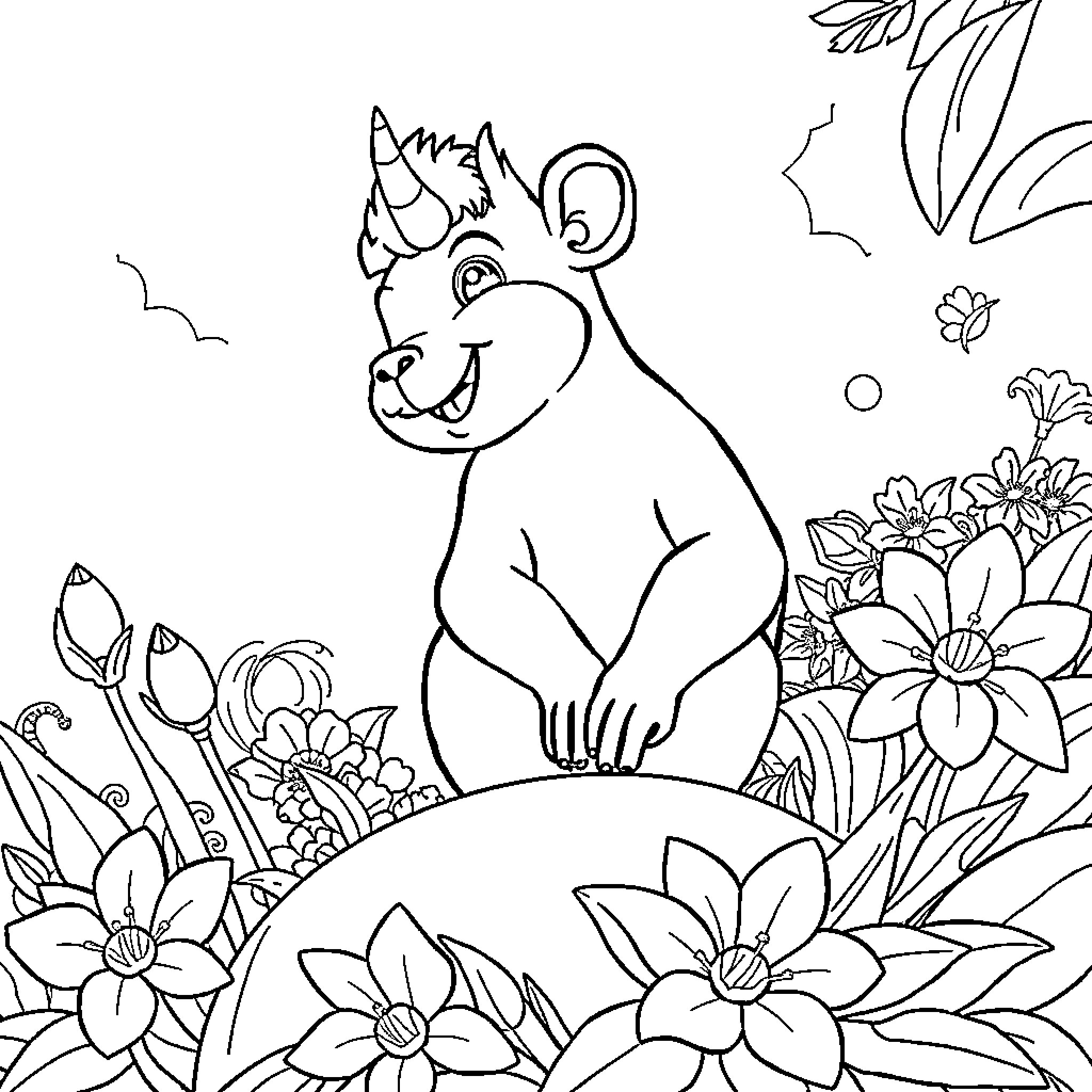 Monkey enjoying flowers in the garden Coloring Page (free black-and-white line drawing printable PDF for all, from beginners to advanced learners, including children, teens, adults, and seniors)