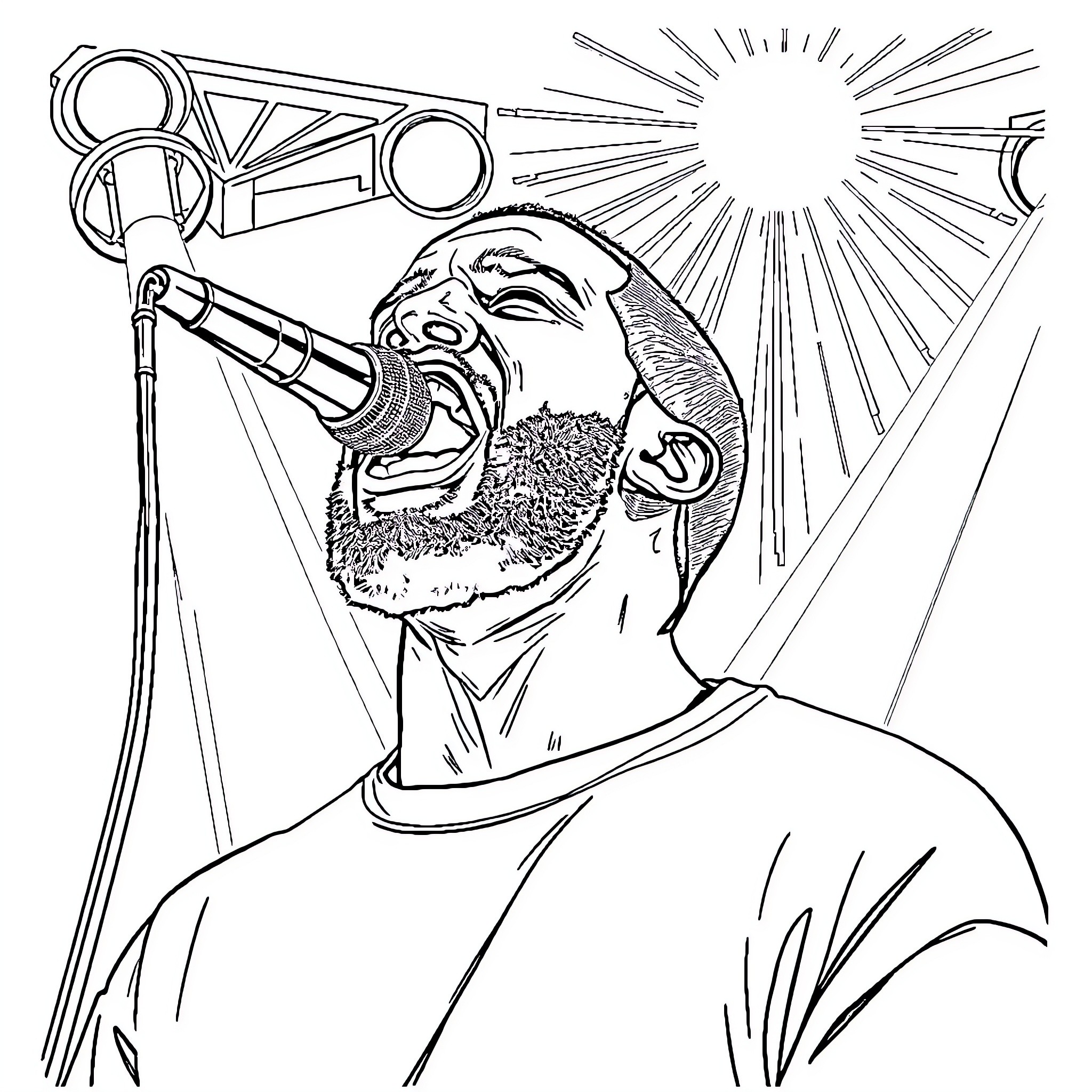 Drake Performing Energetic Music on Stage Coloring Page (free black-and-white line drawing printable PDF for all, from beginners to advanced learners, including children, teens, adults, and seniors)