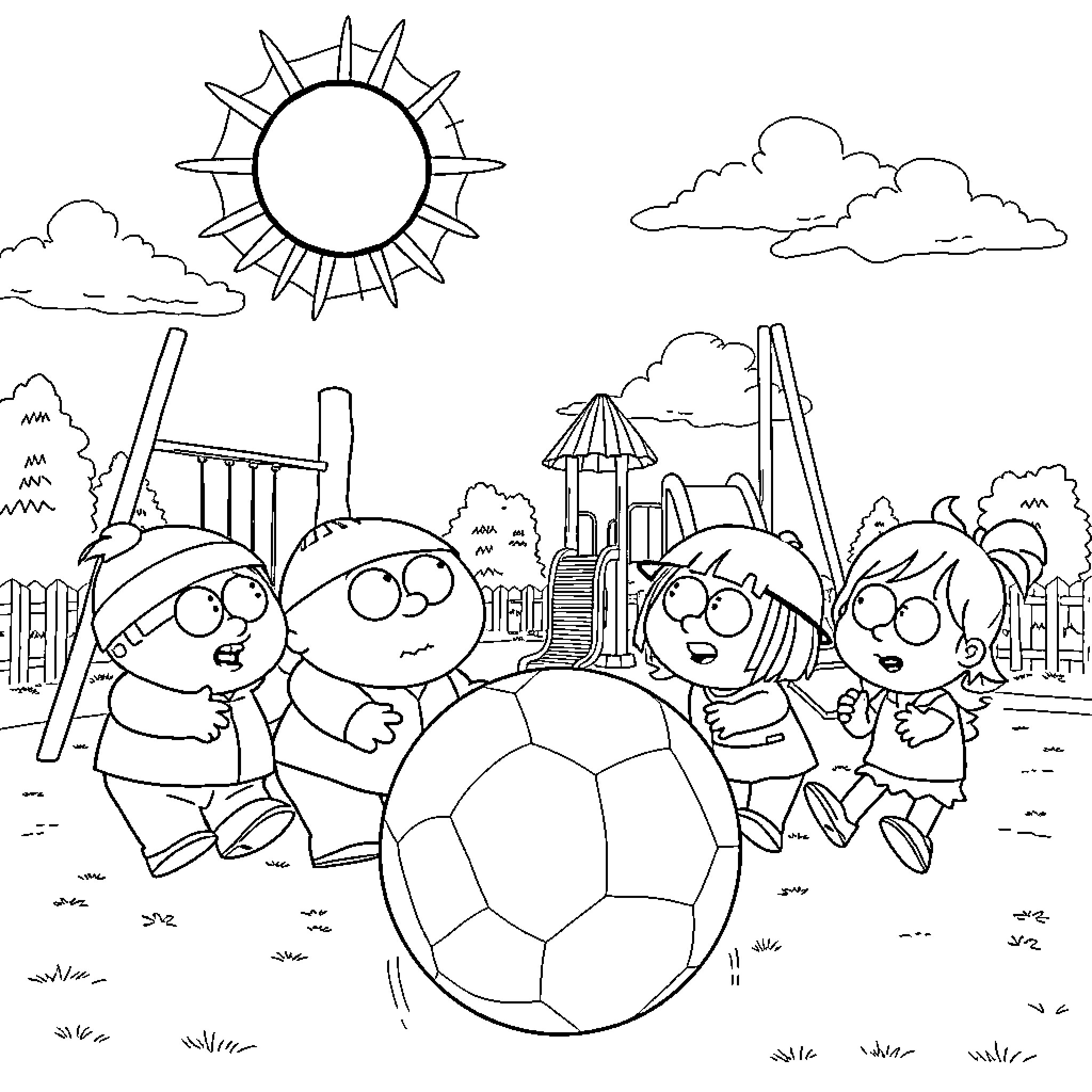 Cartman and friends playing soccer in the park Coloring Page (free black-and-white line drawing printable PDF for all, from beginners to advanced learners, including children, teens, adults, and seniors)