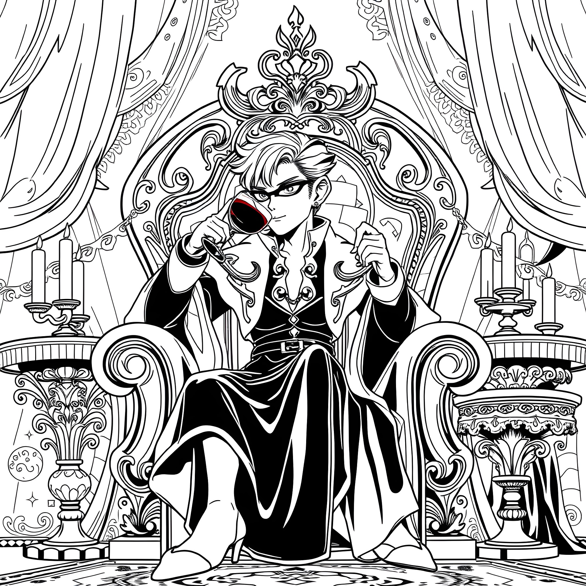 Gowther's Grand Entrance in Ornate Throne Room Coloring Page (free black-and-white line drawing printable PDF for all, from beginners to advanced learners, including children, teens, adults, and seniors)
