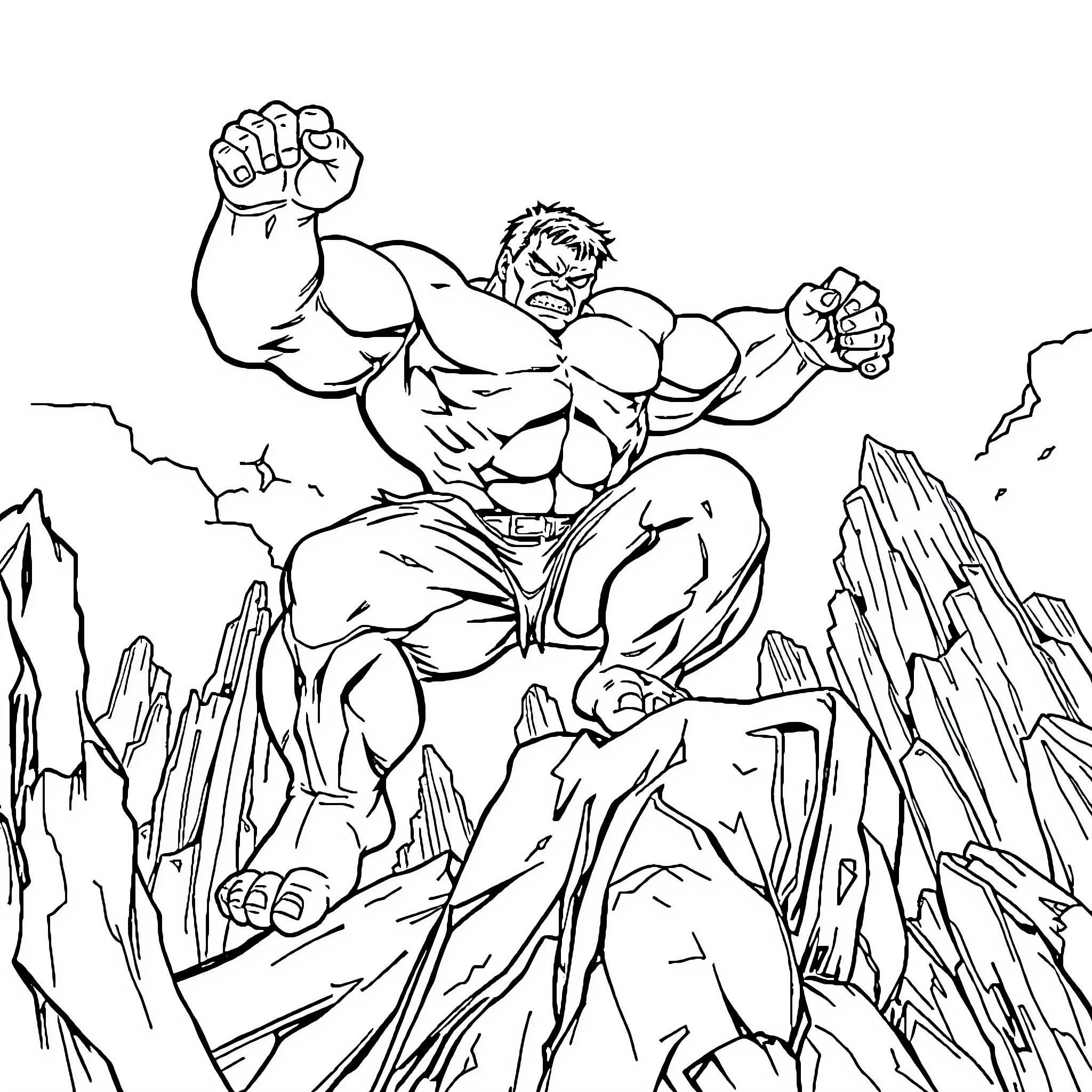 Hulk unleashing his power in the rugged terrain Coloring Page (free black-and-white line drawing printable PDF for all, from beginners to advanced learners, including children, teens, adults, and seniors)