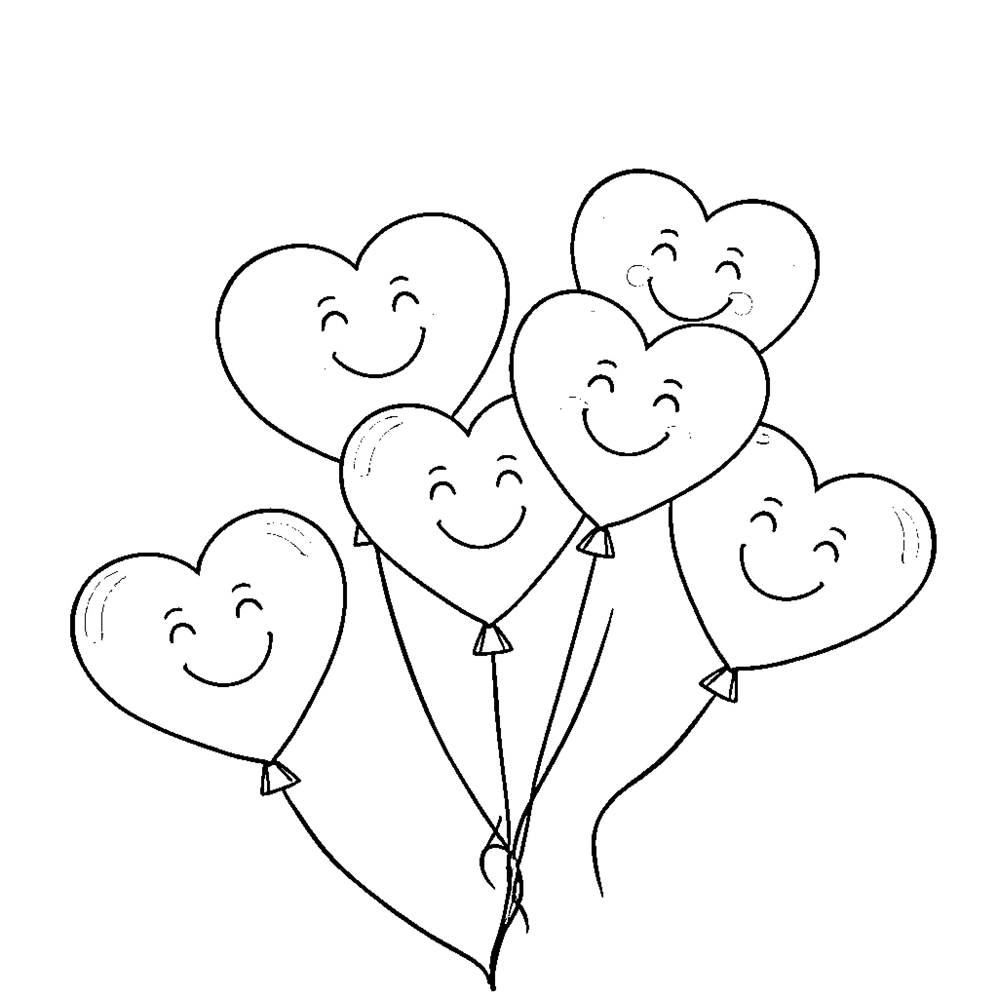 Heart-shaped Balloons Floating with Smiling Faces Coloring Page (free black-and-white line drawing printable PDF for all, from beginners to advanced learners, including children, teens, adults, and seniors)
