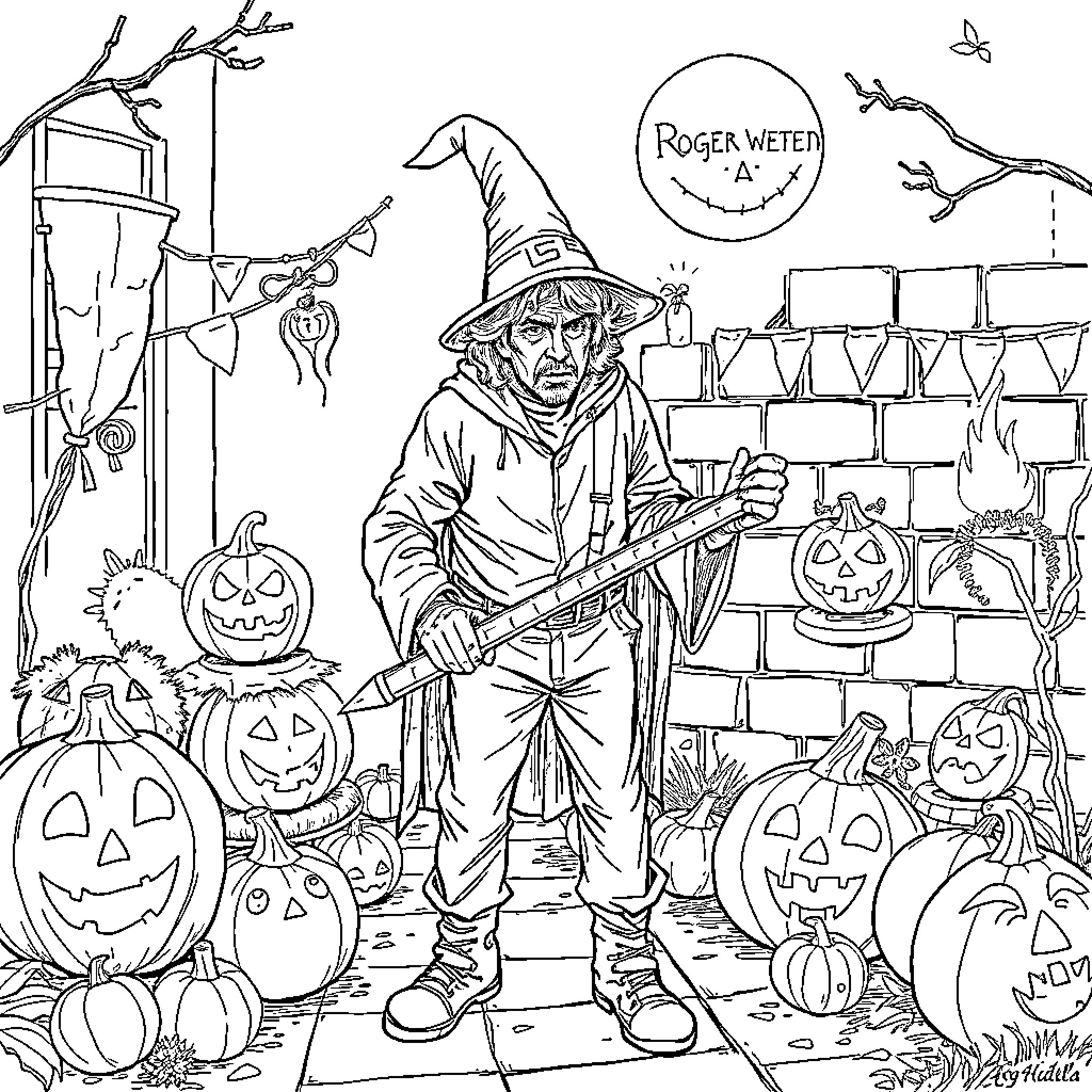 Roger Waters in a Halloween-themed scene Coloring Page (free black-and-white line drawing printable PDF for all, from beginners to advanced learners, including children, teens, adults, and seniors)