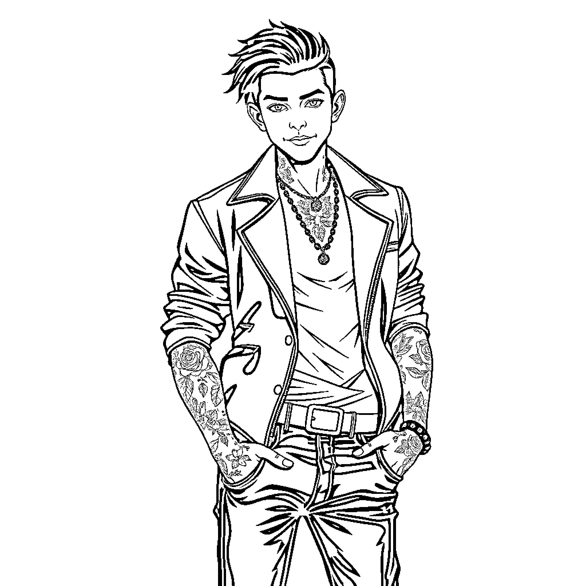 Young Man Dressed in Casual, Edgy Attire Coloring Page (free black-and-white line drawing printable PDF for all, from beginners to advanced learners, including children, teens, adults, and seniors)