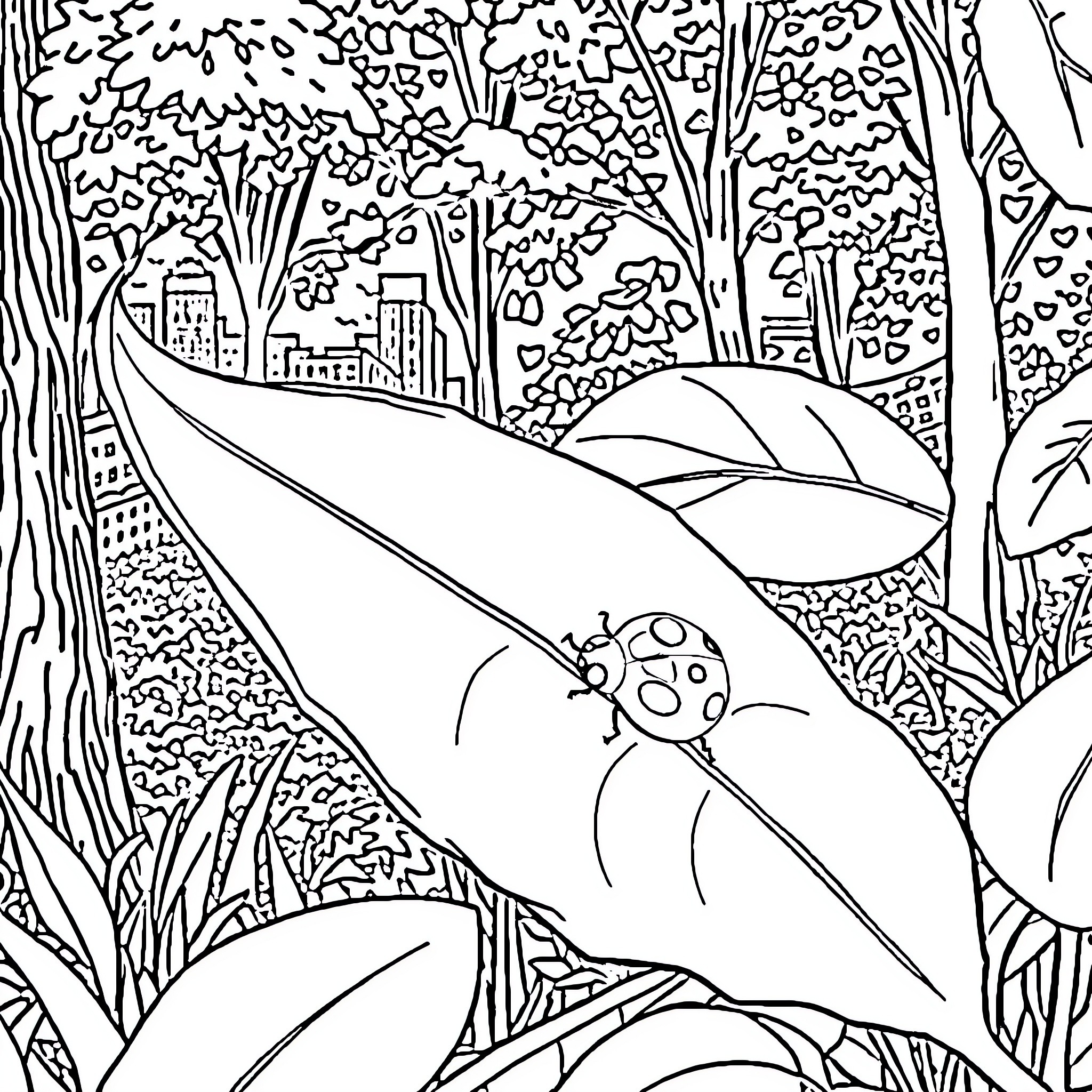 Ladybug exploring the enchanted forest Coloring Page (free black-and-white line drawing printable PDF for all, from beginners to advanced learners, including children, teens, adults, and seniors)