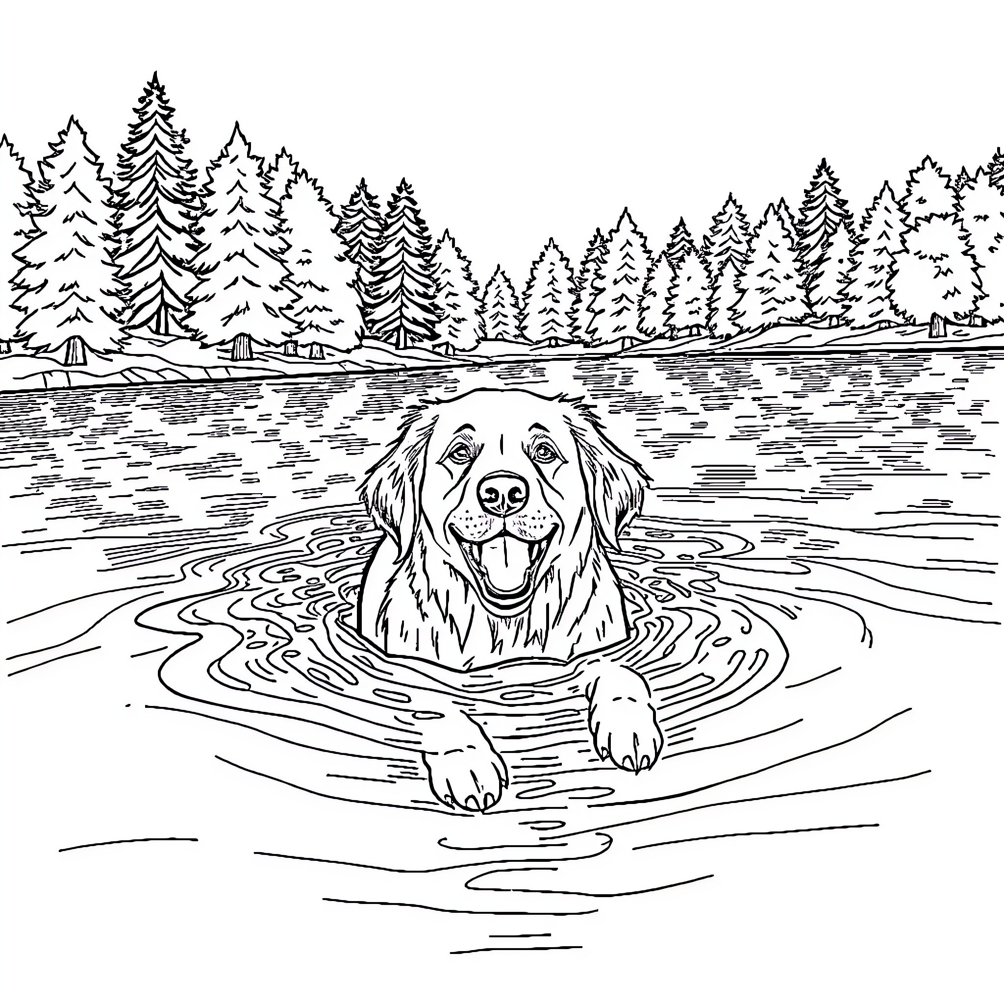 Golden Retriever enjoying a refreshing swim in the lake Coloring Page (free black-and-white line drawing printable PDF for all, from beginners to advanced learners, including children, teens, adults, and seniors)