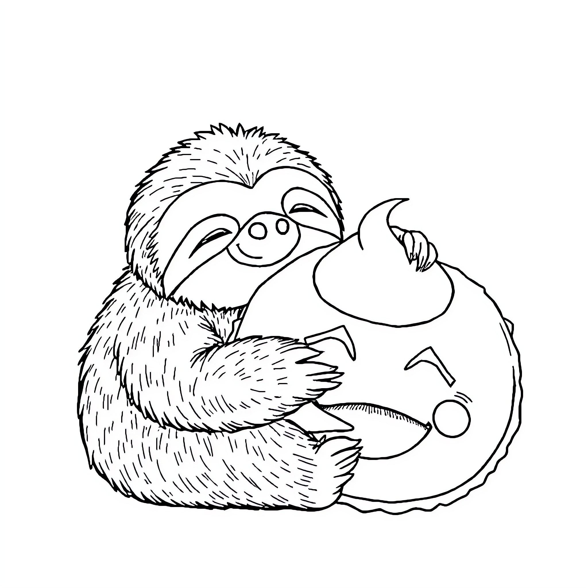 Sloth resting peacefully with ball Coloring Page (free black-and-white line drawing printable PDF for all, from beginners to advanced learners, including children, teens, adults, and seniors)