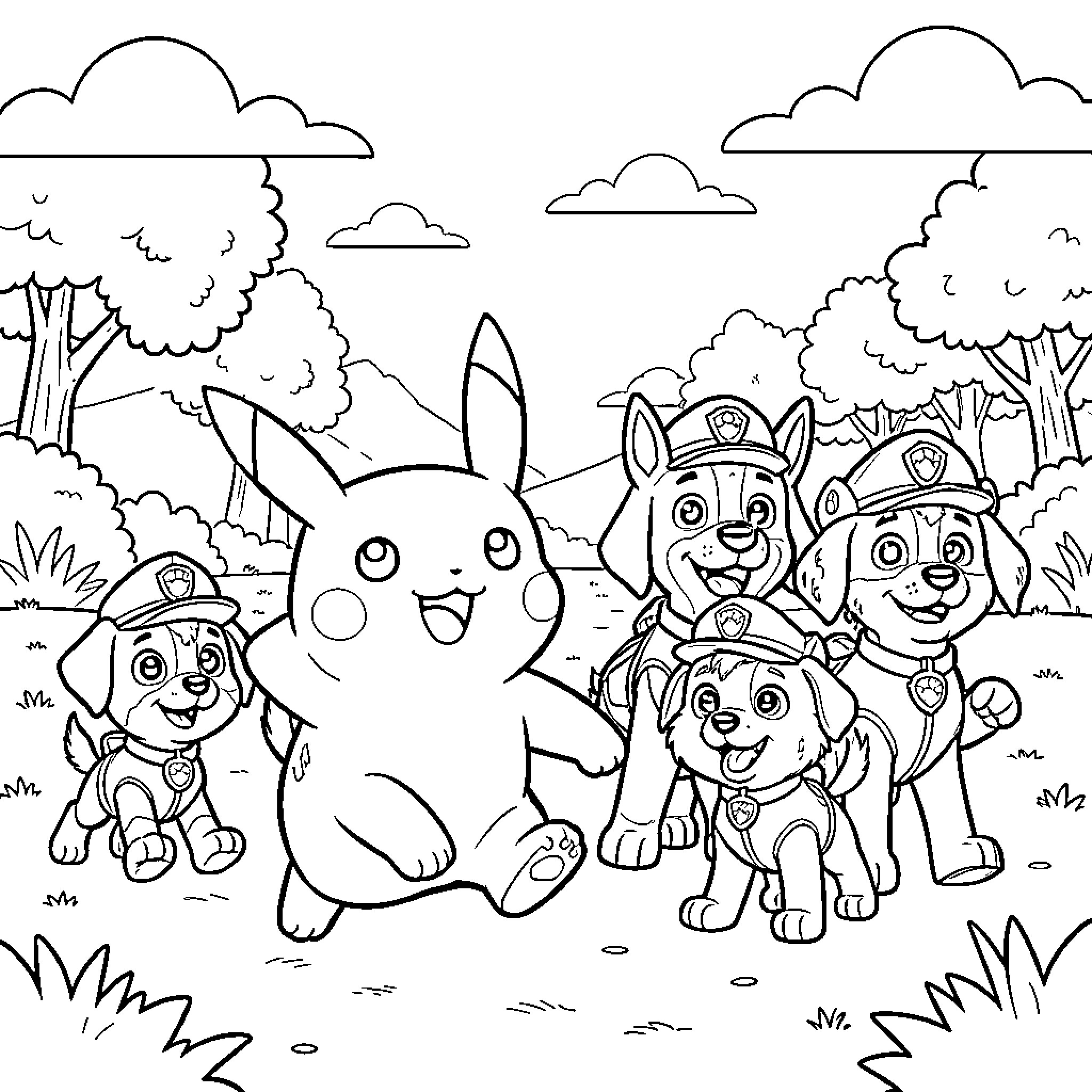 Pikachu playing joyfully with a group of puppy friends Coloring Page (free black-and-white line drawing printable PDF for all, from beginners to advanced learners, including children, teens, adults, and seniors)