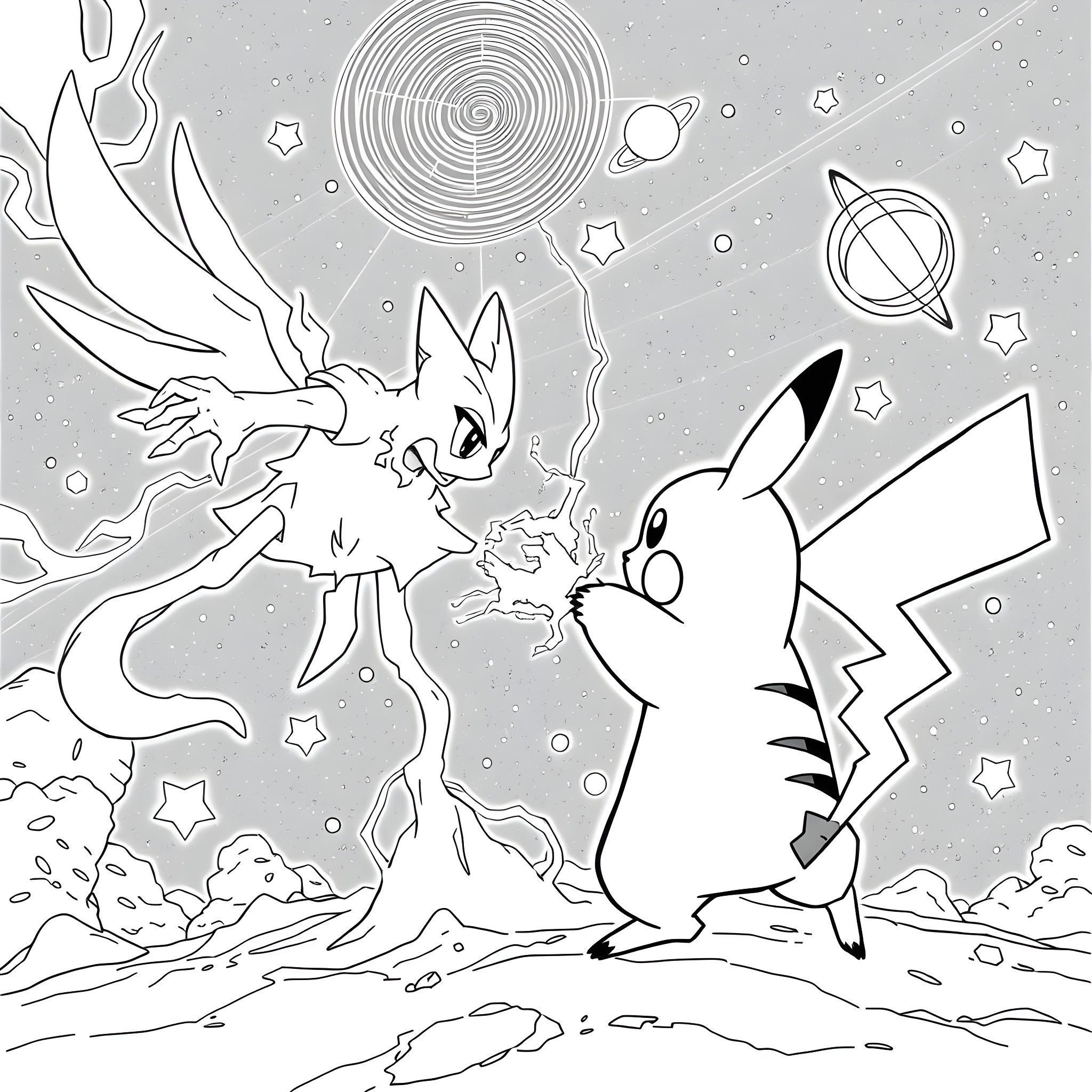 Pikachu and Charizard in an intergalactic adventure Coloring Page (free black-and-white line drawing printable PDF for all, from beginners to advanced learners, including children, teens, adults, and seniors)