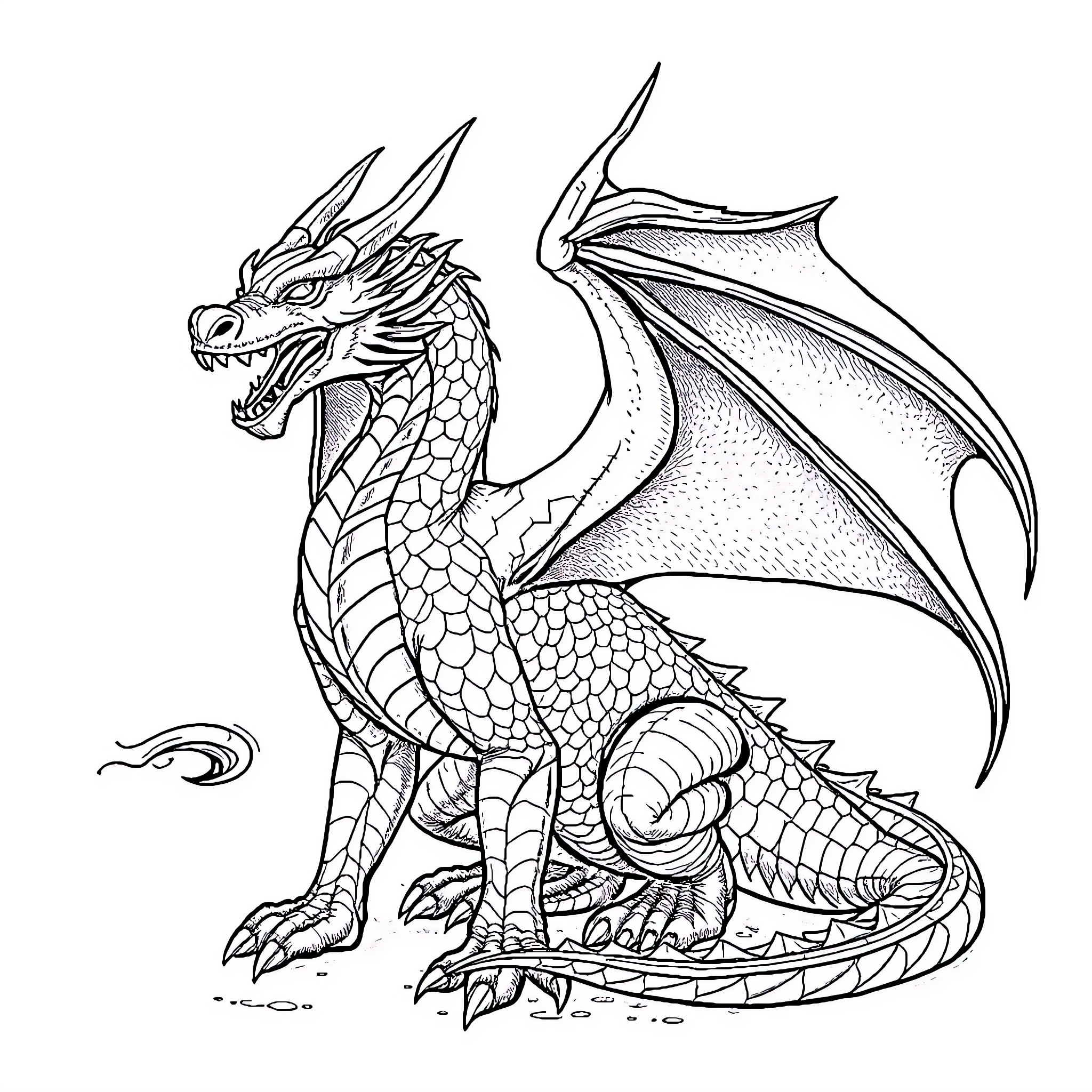 Dragon with Powerful Stance and Outstretched Wings Coloring Page (free black-and-white line drawing printable PDF for all, from beginners to advanced learners, including children, teens, adults, and seniors)