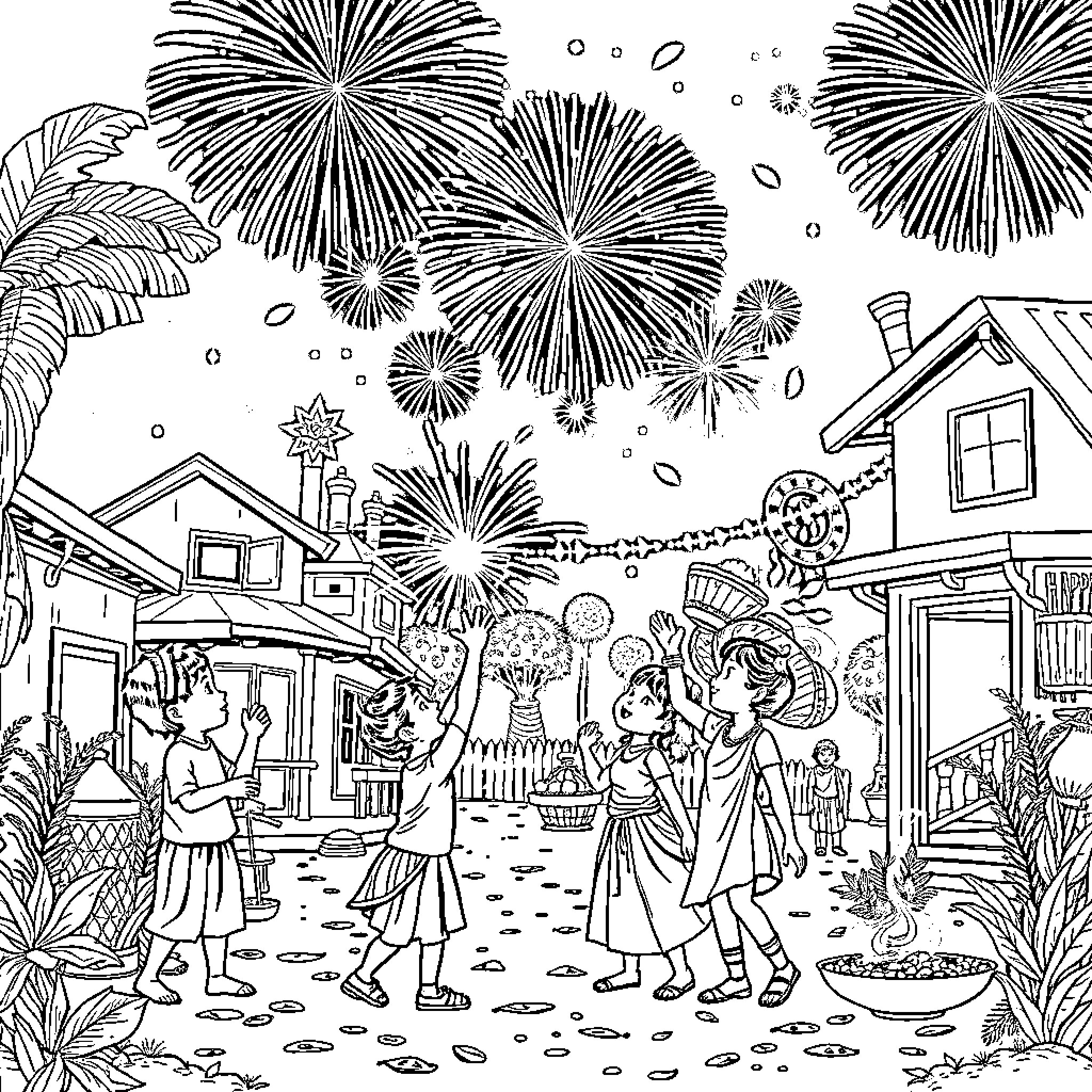 Child Celebrate Festive Night with Fireworks and Sparklers Coloring Page (free black-and-white line drawing printable PDF for all, from beginners to advanced learners, including children, teens, adults, and seniors)