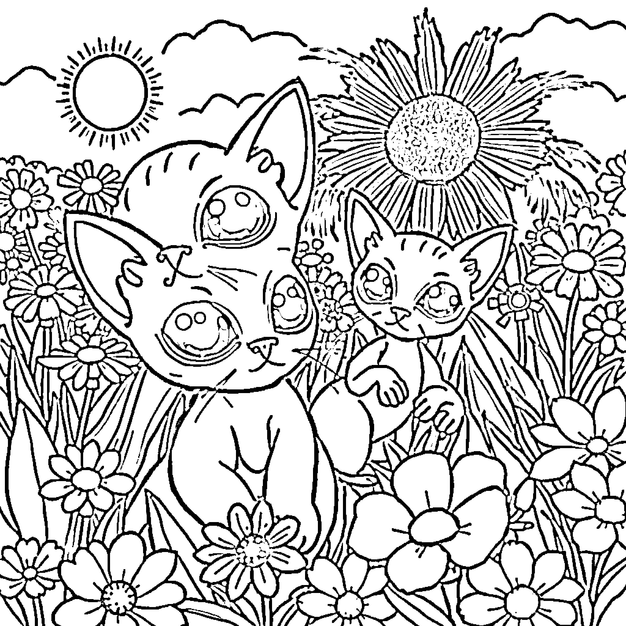 Cat friends exploring a vibrant floral scene Coloring Page (free black-and-white line drawing printable PDF for all, from beginners to advanced learners, including children, teens, adults, and seniors)