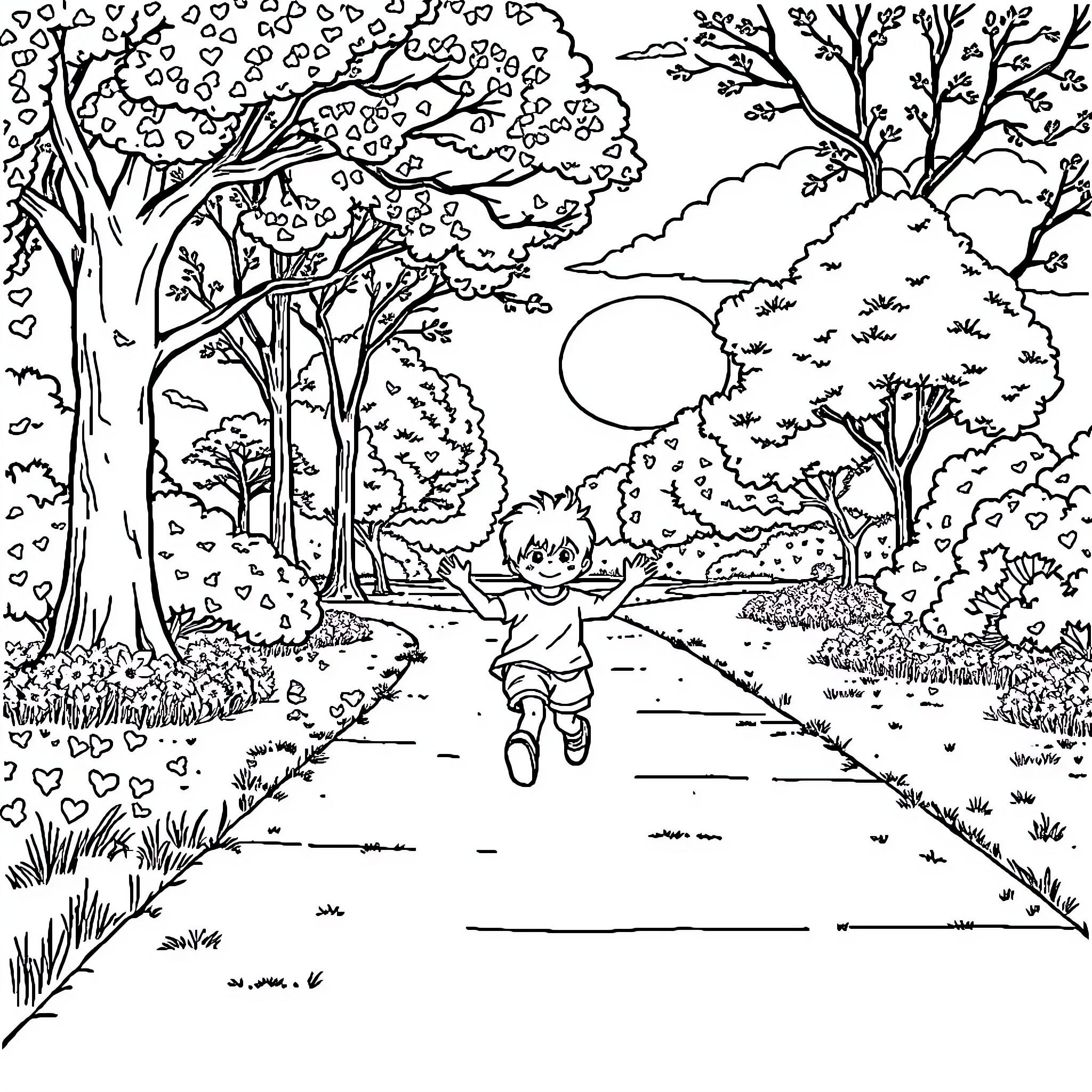 Skipping through the enchanted forest Coloring Page (free black-and-white line drawing printable PDF for all, from beginners to advanced learners, including children, teens, adults, and seniors)