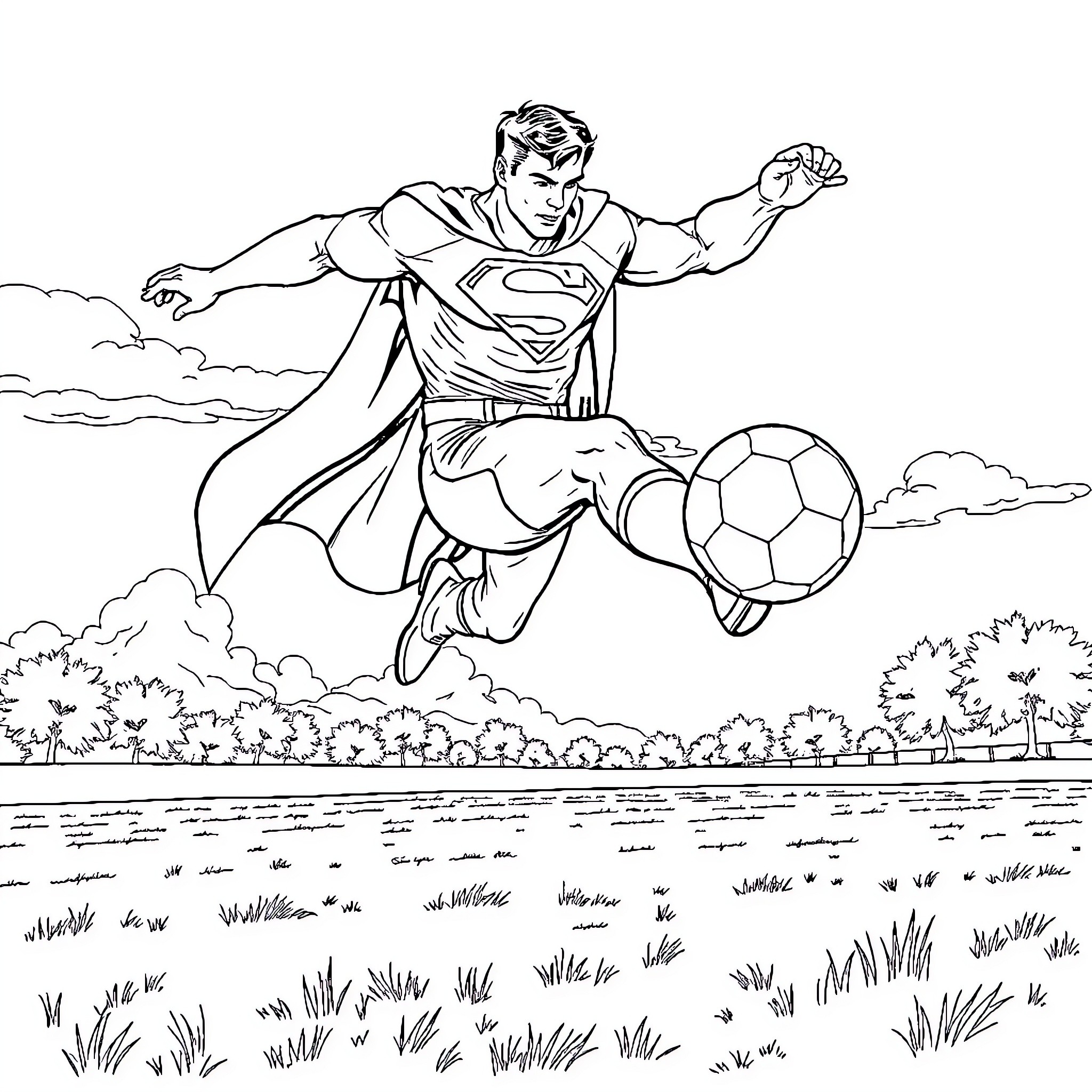 Superman playing with soccer ball in nature Coloring Page (free black-and-white line drawing printable PDF for all, from beginners to advanced learners, including children, teens, adults, and seniors)