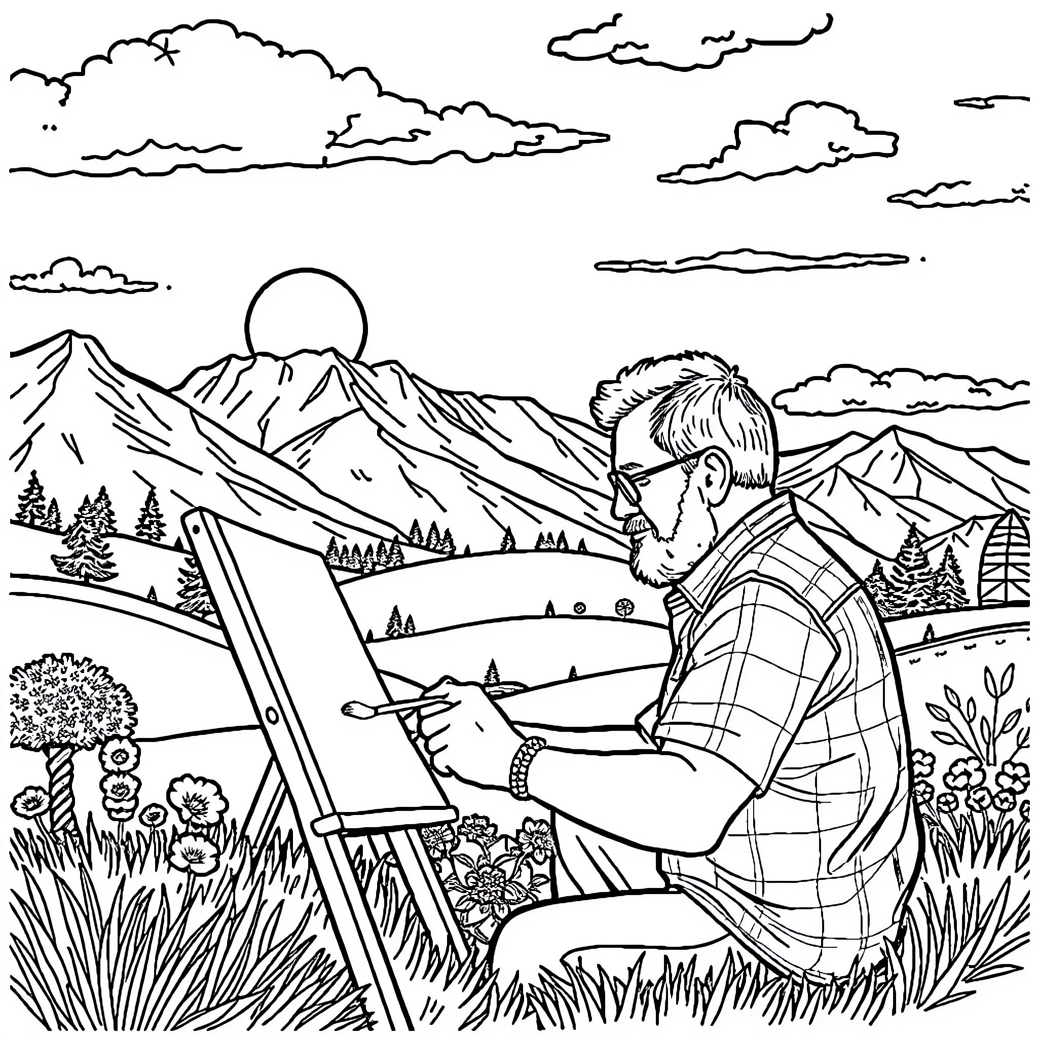 Hank Hill painting a scenic landscape Coloring Page (free black-and-white line drawing printable PDF for all, from beginners to advanced learners, including children, teens, adults, and seniors)