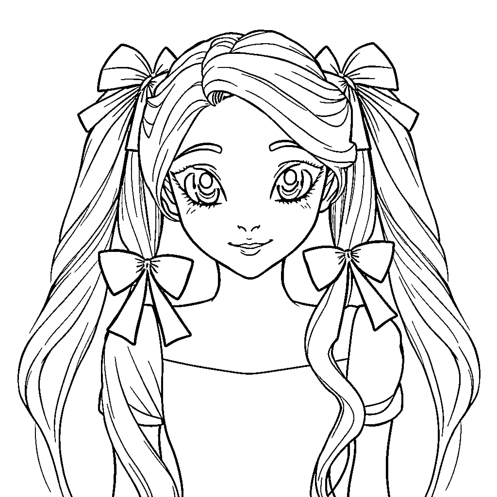 Rapunzel in a whimsical pose with bows Coloring Page (free black-and-white line drawing printable PDF for all, from beginners to advanced learners, including children, teens, adults, and seniors)