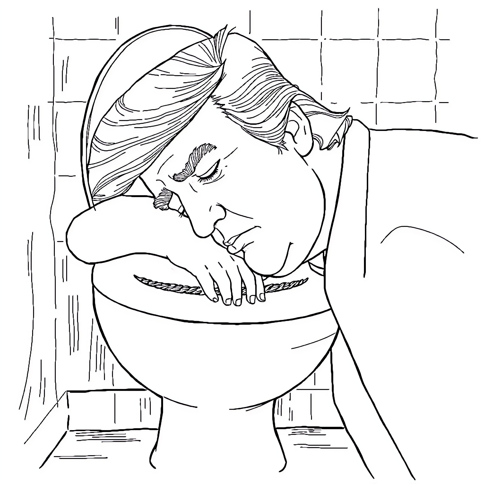 Donald Trump Seated in Contemplation Coloring Page (free black-and-white line drawing printable PDF for all, from beginners to advanced learners, including children, teens, adults, and seniors)