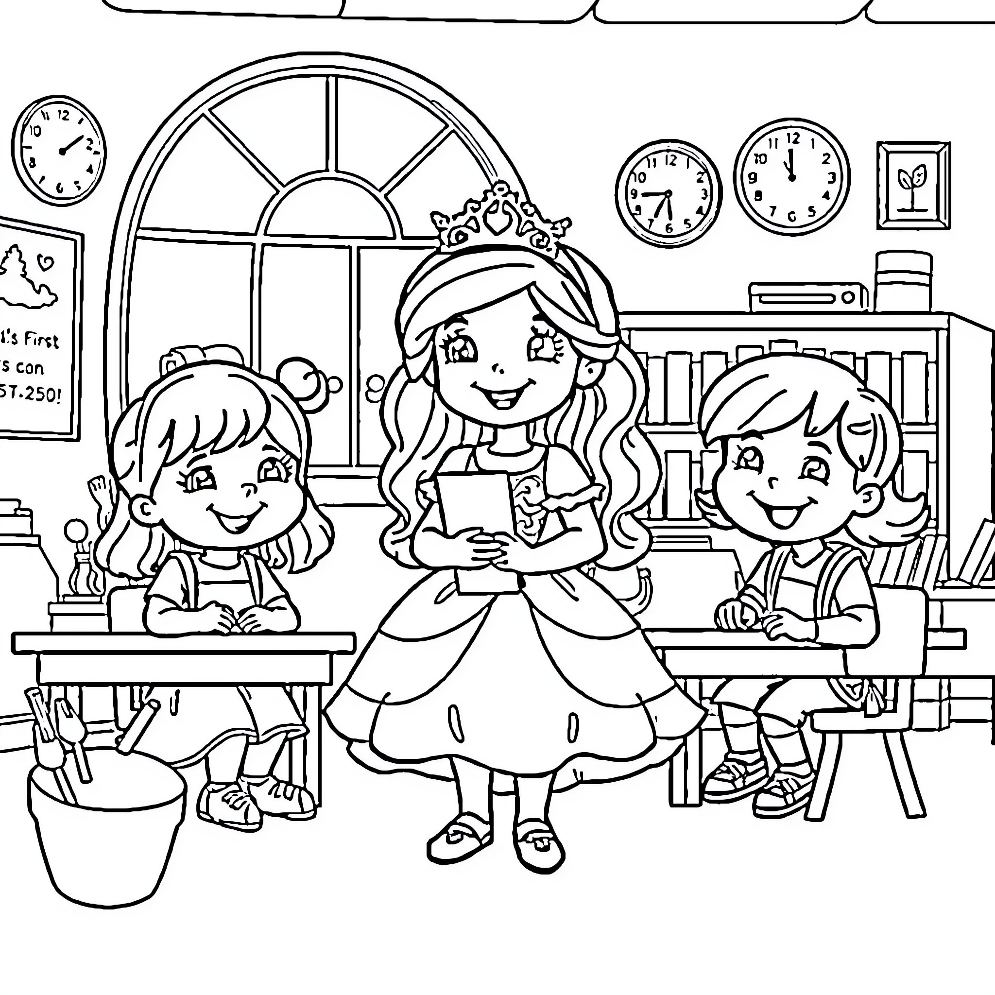 Princess Enjoys Story Time with Classmates Coloring Page (free black-and-white line drawing printable PDF for all, from beginners to advanced learners, including children, teens, adults, and seniors)
