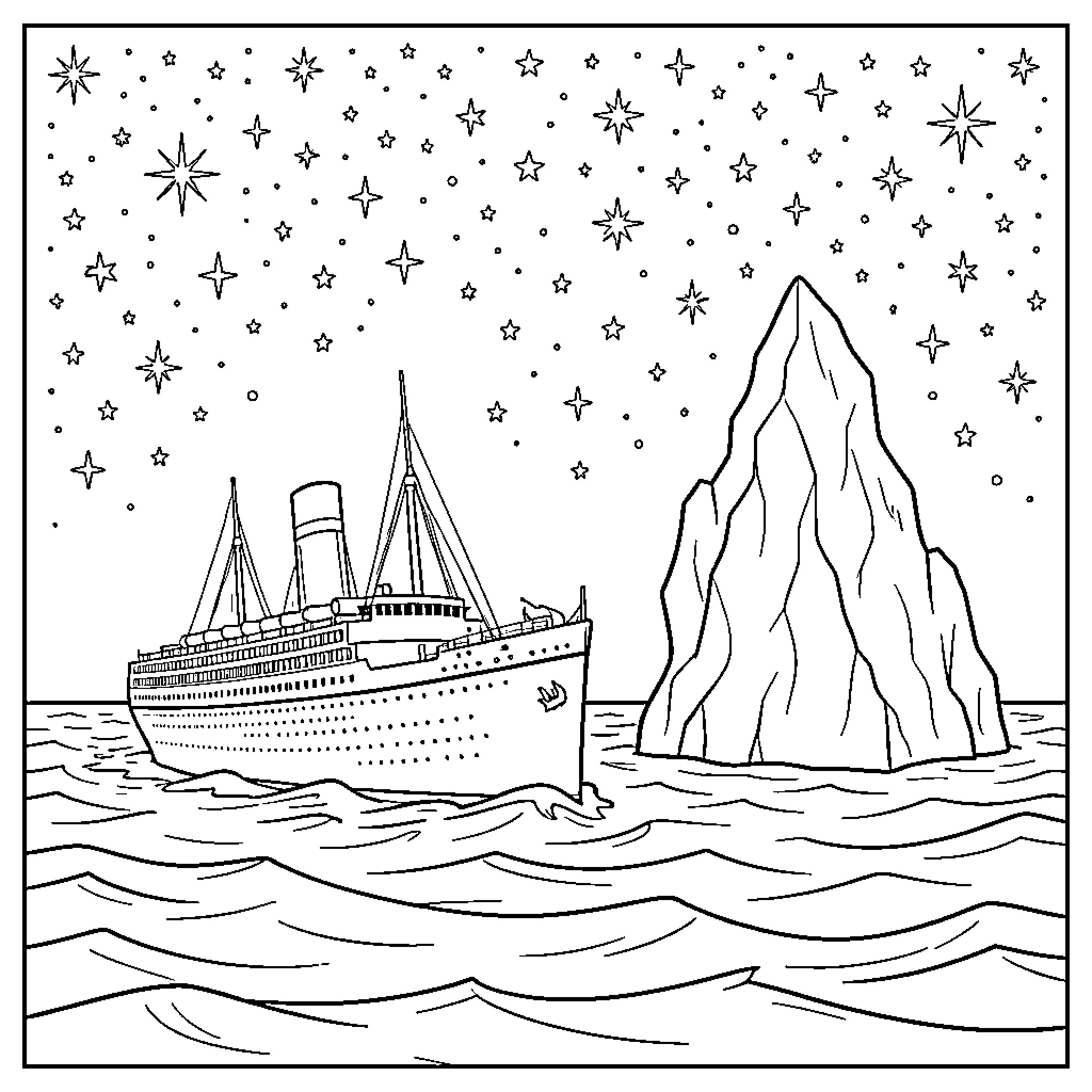 Titanic sailing through wavy seas near a large iceberg Coloring Page (free black-and-white line drawing printable PDF for all, from beginners to advanced learners, including children, teens, adults, and seniors)
