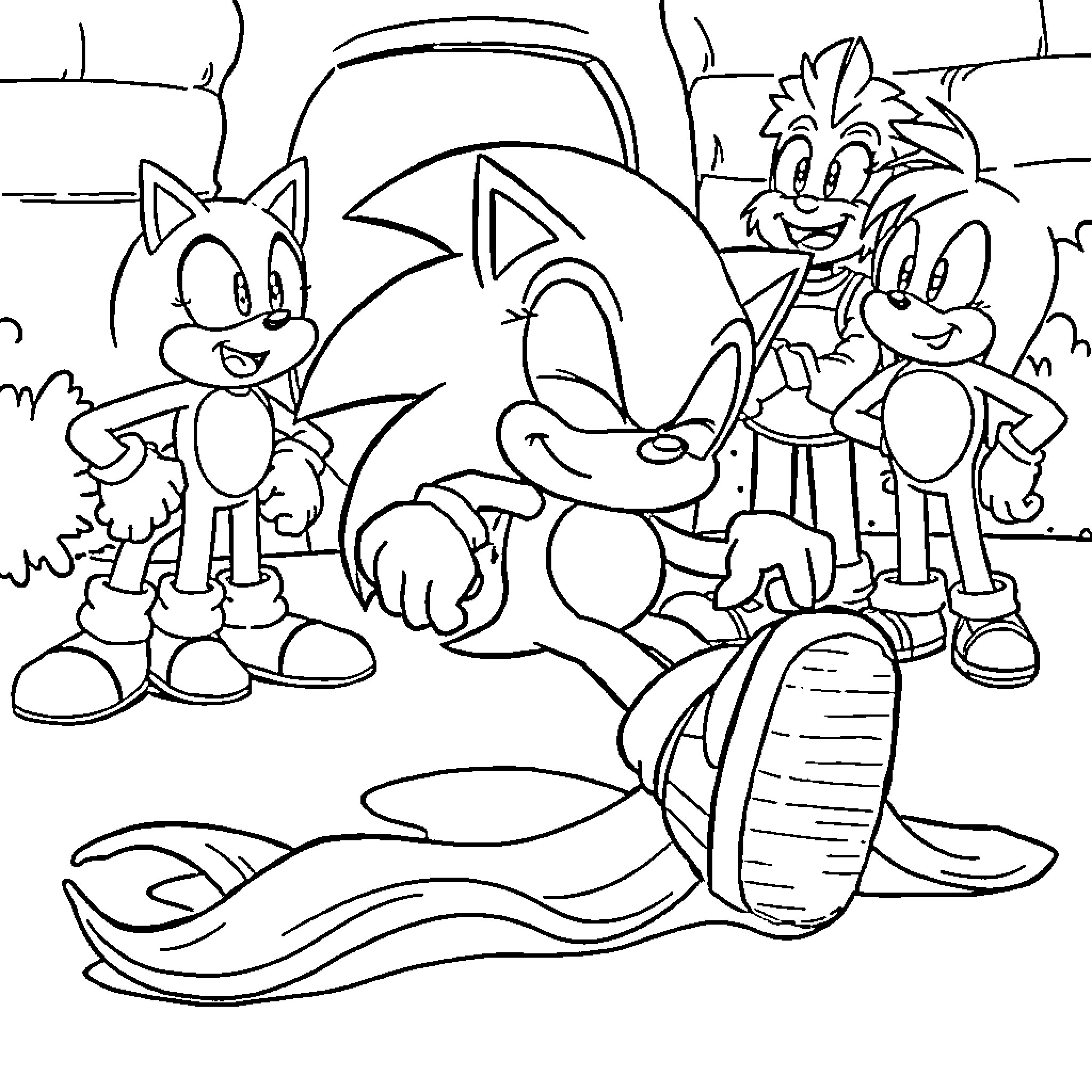 Sonic and friends on a fun adventure Coloring Page (free black-and-white line drawing printable PDF for all, from beginners to advanced learners, including children, teens, adults, and seniors)