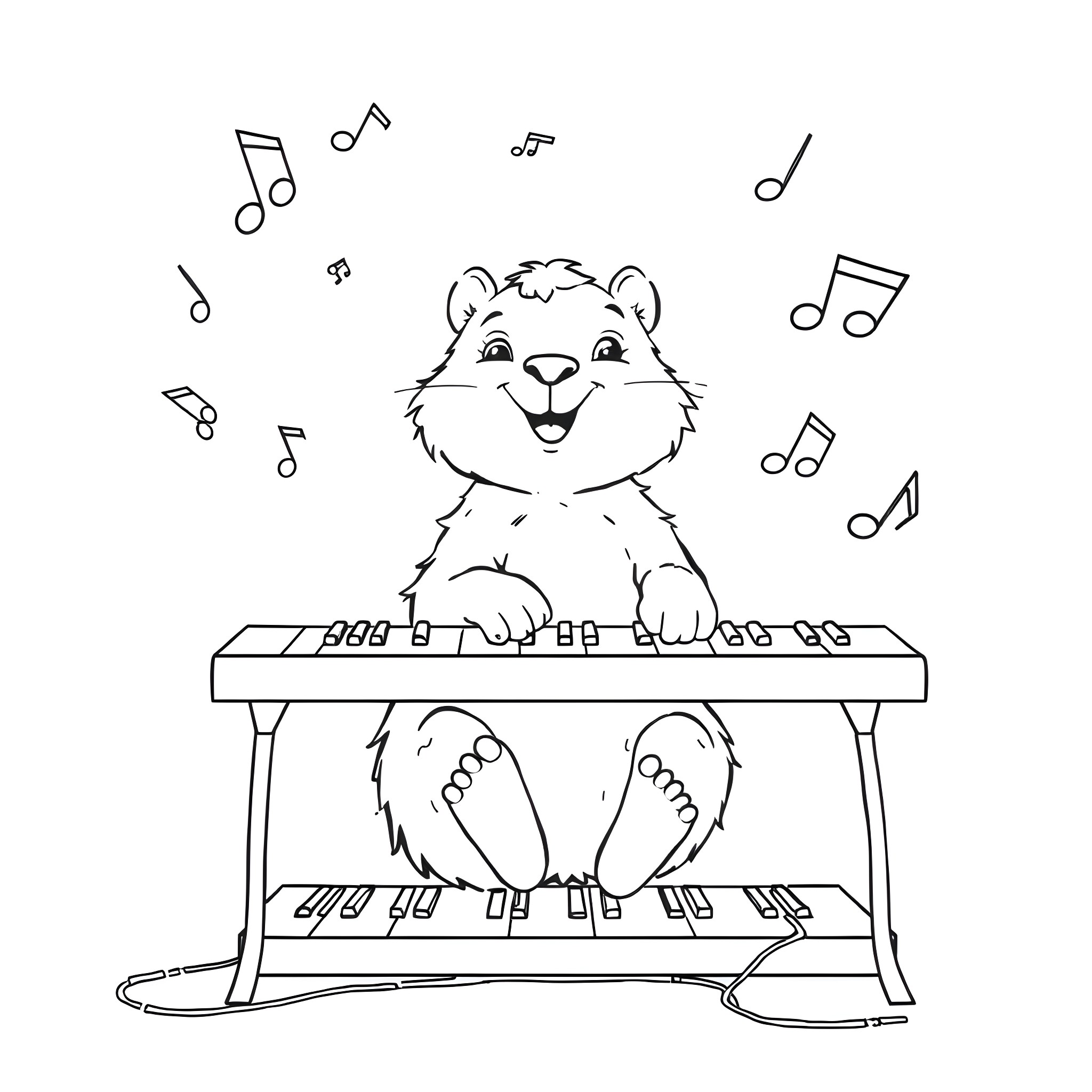 Animal playing musical keyboard joyfully Coloring Page (free black-and-white line drawing printable PDF for all, from beginners to advanced learners, including children, teens, adults, and seniors)