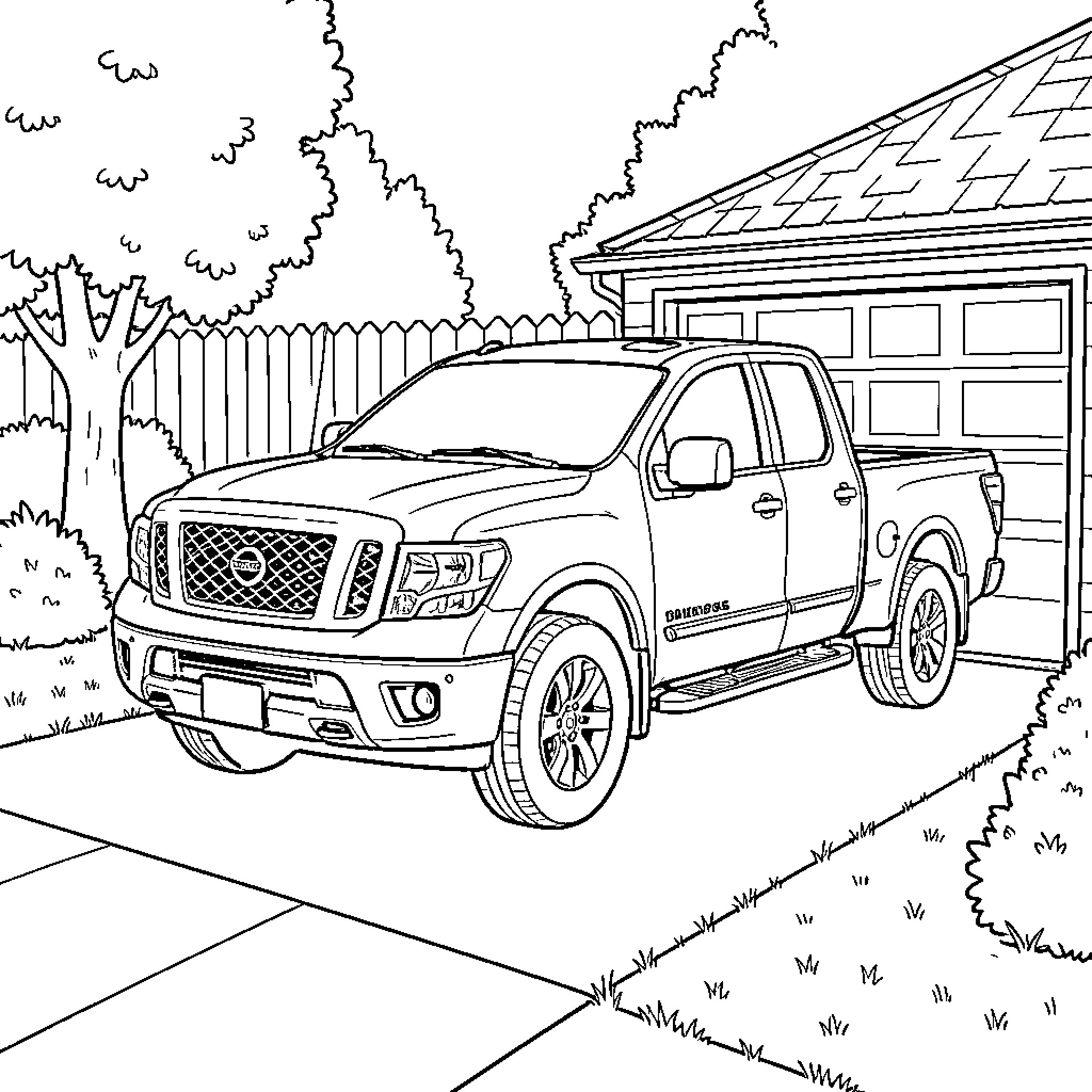 Nissan pickup truck parked in a residential driveway Coloring Page (free black-and-white line drawing printable PDF for all, from beginners to advanced learners, including children, teens, adults, and seniors)