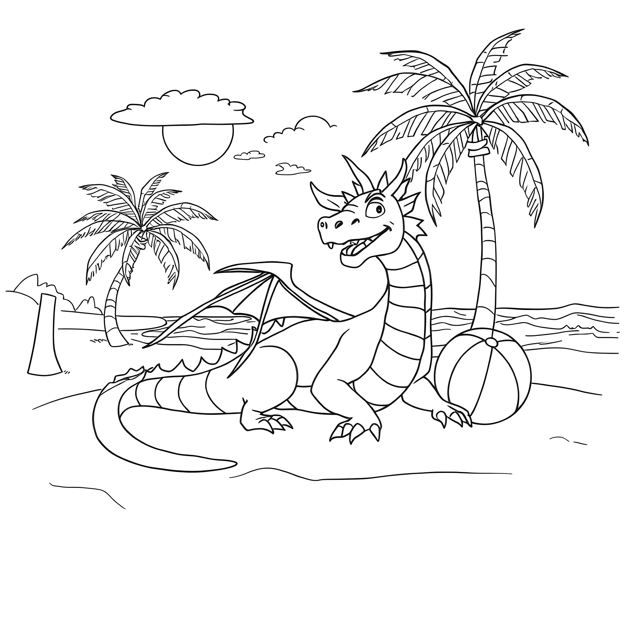 Dragon enjoying a sunny day on the beach Coloring Page (free black-and-white line drawing printable PDF for all, from beginners to advanced learners, including children, teens, adults, and seniors)